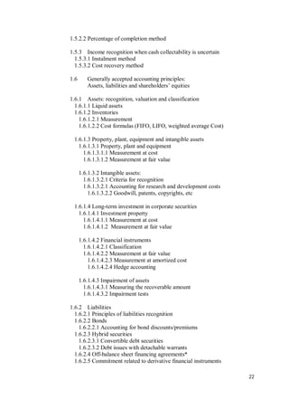 22
1.5.2.2 Percentage of completion method
1.5.3 Income recognition when cash collectability is uncertain
1.5.3.1 Instalment method
1.5.3.2 Cost recovery method
1.6 Generally accepted accounting principles:
Assets, liabilities and shareholders’ equities
1.6.1 Assets: recognition, valuation and classification
1.6.1.1 Liquid assets
1.6.1.2 Inventories
1.6.1.2.1 Measurement
1.6.1.2.2 Cost formulas (FIFO, LIFO, weighted average Cost)
1.6.1.3 Property, plant, equipment and intangible assets
1.6.1.3.1 Property, plant and equipment
1.6.1.3.1.1 Measurement at cost
1.6.1.3.1.2 Measurement at fair value
1.6.1.3.2 Intangible assets:
1.6.1.3.2.1 Criteria for recognition
1.6.1.3.2.1 Accounting for research and development costs
1.6.1.3.2.2 Goodwill, patents, copyrights, etc
1.6.1.4 Long-term investment in corporate securities
1.6.1.4.1 Investment property
1.6.1.4.1.1 Measurement at cost
1.6.1.4.1.2 Measurement at fair value
1.6.1.4.2 Financial instruments
1.6.1.4.2.1 Classification
1.6.1.4.2.2 Measurement at fair value
1.6.1.4.2.3 Measurement at amortized cost
1.6.1.4.2.4 Hedge accounting
1.6.1.4.3 Impairment of assets
1.6.1.4.3.1 Measuring the recoverable amount
1.6.1.4.3.2 Impairment tests
1.6.2 Liabilities
1.6.2.1 Principles of liabilities recognition
1.6.2.2 Bonds
1.6.2.2.1 Accounting for bond discounts/premiums
1.6.2.3 Hybrid securities
1.6.2.3.1 Convertible debt securities
1.6.2.3.2 Debt issues with detachable warrants
1.6.2.4 Off-balance sheet financing agreements*
1.6.2.5 Commitment related to derivative financial instruments
 