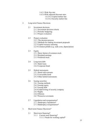37
1.6.3.3 Risk free rate
1.6.3.4 Risk adjusted discount rates
1.6.3.4.1 Capital market line
1.6.3.4.2 Security market line
2. Long-term Finance Decisions
2.1 Investment decisions
2.1.1 Investment decision criteria
2.1.2 Periodic budgeting
2.1.3 Project evaluation
2.2 Project evaluation
2.2.1 The decision process
2.2.2 Methods for ranking investment proposals
2.2.3 Capital resource rationing
2.2.4 Common pitfalls (e.g. sunk costs, depreciation)
2.3 Equity
2.3.1 Basic feature of common stock
2.3.2 Retained earnings
2.3.3 Preferred stock
2.4 Long-term debt
2.4.1 Bank loans
2.4.2 Corporate bond
2.5 Hybrid instruments
2.5.1 Bond with warrants
2.5.2 Convertible bond
2.5.3 Other hybrid instruments
2.6 Issuing securities
2.6.1 Issuing methods
2.6.2 Issuing equity
2.6.3 Issuing debt
2.6.4 Underwriting of security company
2.6.5 Rights
2.6.6 Dilution
2.6.7 Protective covenants
2.7 Liquidation and reorganisation*
2.7.1 Bankruptcy liquidation*
2.7.2 Bankruptcy reorganisation*
3. Short-term Finance Decisions*
3.1 Short-term financing*
3.1.1 Current asset financing*
3.1.1.1 Needs for working capital*
 