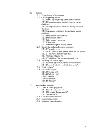 49
2.2 Options
2.2.1 Determinants of option price
2.2.2 Options pricing models
2.2.2.1 B&S option pricing formula and variants
2.2.2.2 European options on stocks paying known
dividends
2.2.2.3 European options on stocks paying unknown
dividends
2.2.2.4 American options on stocks paying known
dividends
2.2.2.5 Options on stock indices
2.2.2.6 Options on futures
2.2.2.7 Options on currencies
2.2.2.8 Warrants
2.2.2.9 Binomial option pricing model
2.2.3 Sensitivity analysis of options premiums
2.2.3.1 The strike price
2.2.3.2 Price of underlying assets, and delta and gamma
2.2.3.3 The time to maturity and theta
2.2.3.4 Interest rate and rho
2.2.3.5 Volatility of the stock returns and vega
2.2.4 Volatility and related topics*
2.2.4.1 Estimating volatility from historical data*
2.2.4.2 Implied volatility and volatility smile*
2.2.5 Exotic options*
2.2.6 Options strategies*
2.2.6.1 Covered call*
2.2.6.2 Protective put*
2.2.6.3 Spreads*
2.2.6.4 Straddles*
2.2.6.5 Strangles*
2.3 Asset-backed securities*
2.3.1 Types of underlying assets*
2.3.1.1 Instalment contract*
2.3.1.2 Revolving lines of credit*
2.3.1.3 Other assets*
2.3.2 Cash flow characteristics*
2.3.3 Credit enhancement*
2.3.4 Valuation methodologies*
 
