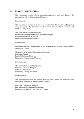 4
3.0 EXAMINATION STRUCTURE
The examination consists of four examination papers in each level. Each of the
examinations will be for a duration of 3 hours.
Examination I :
This examination will cover all the basic concepts that the students need to pursue
study of courses like Securities and Investment Analysis, Asset Valuation and
Portfolio Management.
This examination covers three courses –
Financial Accounting and Financial Statement Analysis
Economics and Financial Markets
Quantitative Analysis and Statistics
Examination II :
In this examination, a major portion of the inputs required to make a good portfolio
manager are covered.
The courses to be studied for this examination are –
Corporate Finance
Equity Valuation and Analysis
Fixed Income Valuation and Analysis
Examination III :
This examination covers three courses –
Derivative Valuation Analysis
Portfolio Management
Commodity Trading and Futures
Examination IV :
This examination covers the national securities laws, regulations and ethics and
professional standards. It consists of three courses –
Ethics and Professional Standards
Law relating to Securities and Investments
Regulations of Securities and Corporate Finance
 