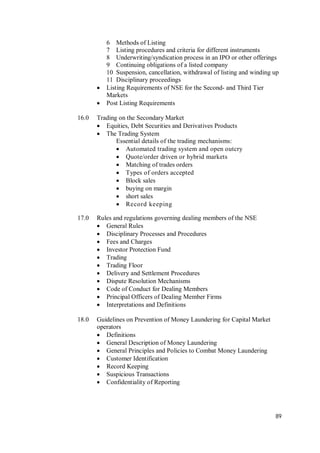 89
6 Methods of Listing
7 Listing procedures and criteria for different instruments
8 Underwriting/syndication process in an IPO or other offerings
9 Continuing obligations of a listed company
10 Suspension, cancellation, withdrawal of listing and winding up
11 Disciplinary proceedings
 Listing Requirements of NSE for the Second- and Third Tier
Markets
 Post Listing Requirements
16.0 Trading on the Secondary Market
 Equities, Debt Securities and Derivatives Products
 The Trading System
Essential details of the trading mechanisms:
 Automated trading system and open outcry
 Quote/order driven or hybrid markets
 Matching of trades orders
 Types of orders accepted
 Block sales
 buying on margin
 short sales
 Record keeping
17.0 Rules and regulations governing dealing members of the NSE
 General Rules
 Disciplinary Processes and Procedures
 Fees and Charges
 Investor Protection Fund
 Trading
 Trading Floor
 Delivery and Settlement Procedures
 Dispute Resolution Mechanisms
 Code of Conduct for Dealing Members
 Principal Officers of Dealing Member Firms
 Interpretations and Definitions
18.0 Guidelines on Prevention of Money Laundering for Capital Market
operators
 Definitions
 General Description of Money Laundering
 General Principles and Policies to Combat Money Laundering
 Customer Identification
 Record Keeping
 Suspicious Transactions
 Confidentiality of Reporting
 