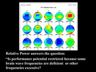Relative Power answers the question:  
“Is performance potential restricted because some 
brain wave frequencies are deficient  or other 
frequencies excessive?
 