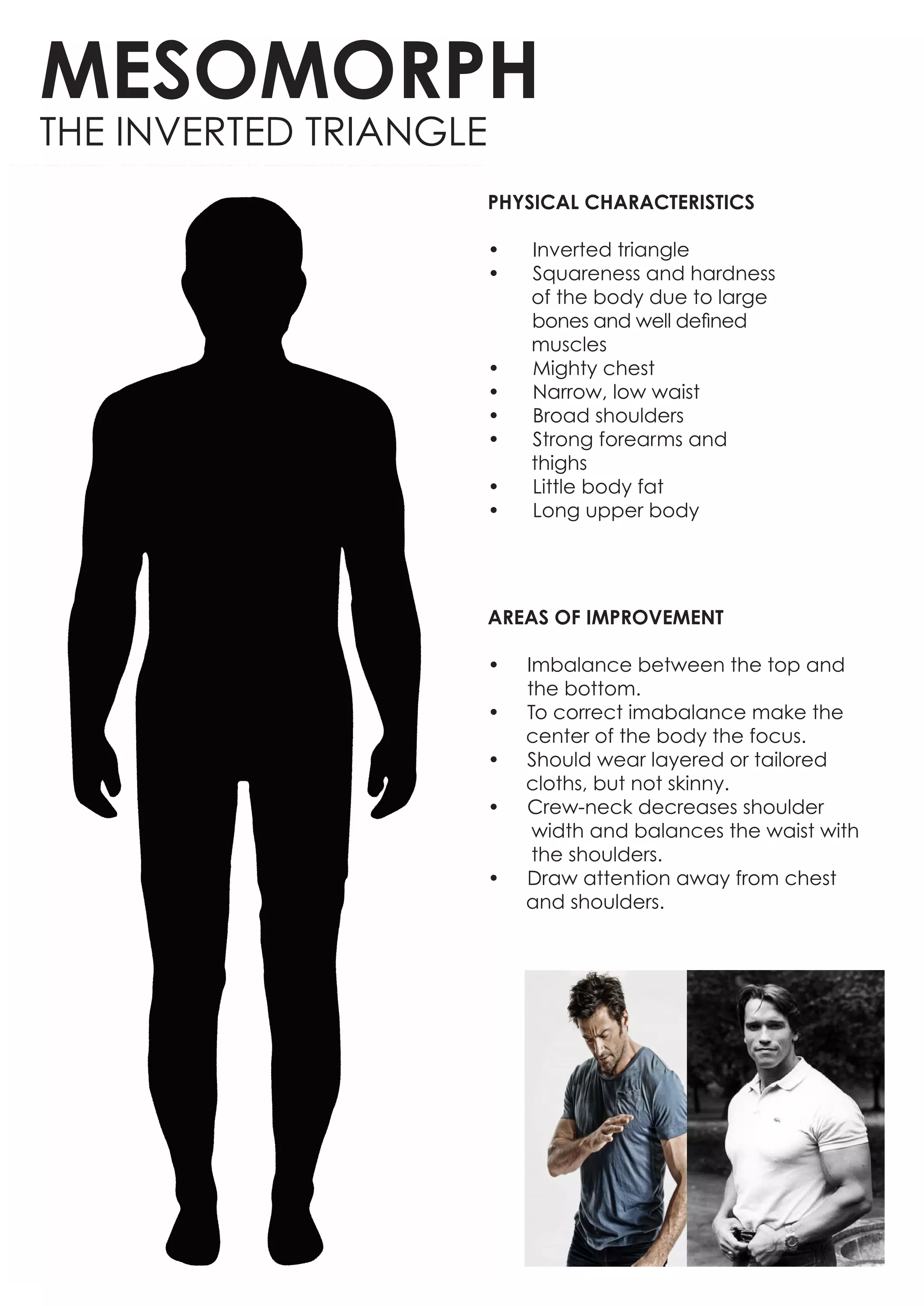 PHYSICAL CHARACTERISTICS
•	 Inverted triangle
•	 Squareness and hardness 	
of the body due to large 	
	 bones and well defined 	
muscles
•	 Mighty chest
•	 Narrow, low waist
•	 Broad shoulders
•	 Strong forearms and 	 	
thighs
•	 Little body fat
•	 Long upper body
AREAS OF IMPROVEMENT
•	 Imbalance between the top and 	
	 the bottom.
•	 To correct imabalance make the 	
center of the body the focus.
•	 Should wear layered or tailored 	
cloths, but not skinny.
•	 Crew-neck decreases shoulder 	 	
width and balances the waist with 	
the shoulders.
•	 Draw attention away from chest 	 	
and shoulders.
MESOMORPH
THE INVERTED TRIANGLE
 