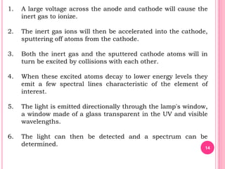 1. A large voltage across the anode and cathode will cause the
inert gas to ionize.
2. The inert gas ions will then be accelerated into the cathode,
sputtering off atoms from the cathode.
3. Both the inert gas and the sputtered cathode atoms will in
turn be excited by collisions with each other.
4. When these excited atoms decay to lower energy levels they
emit a few spectral lines characteristic of the element of
interest.
5. The light is emitted directionally through the lamp's window,
a window made of a glass transparent in the UV and visible
wavelengths.
6. The light can then be detected and a spectrum can be
determined.
14
 