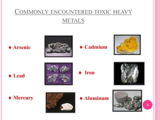 COMMONLY ENCOUNTERED TOXIC HEAVY
METALS
 Arsenic
 Lead
 Mercury
 Cadmium
 Iron
 Aluminum
3
 