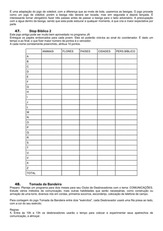 É uma adaptação do jogo de voleibol, com a diferença que ao invés de bola, usaremos as bexigas. O jogo procede
como um jogo de voleibol, porém a bexiga não deverá ser tocada, mas sim segurada e depois lançada. É
interessante tornar obrigatório fazer três passes antes de passar a bexiga para o lado adversário. A preocupação
com a água dentro da bexiga, sendo que esta pode estourar a qualquer momento, é que cria a maior expectativa por
parte
47. Stop Bíblico 2
Este jogo antigo pode ser muito bem aproveitado no programa JÁ
Entregue os papéis emborcados para cada jovem. Eles só poderão virá-los ao sinal do coordenador. É dado um
tempo e ao final, o que fizer maior número de pontos é o vencedor.
A cada nome corretamente preenchido, atribua 10 pontos.
ANIMAIS FLORES PAÍSES CIDADES PERS.BÍBLICO
A
B
C
D
E
F
G
H
I
J
L
M
N
O
P
Q
R
S
T
U
V
X
Z
TOTAL
48. Tomada da Bandeira
Preparo: Planeje um programa para dois meses para seu Clube de Desbravadores com o tema: COMUNICAÇÕES.
Estude vários métodos de comunicação, mais outras habilidades que serão necessárias, como construção ou
armação de uma torre, diversos nós em cordas, primeiros socorros, esconderijo, colocação de telefone de campo.
Para contagem do jogo Tomada da Bandeira entre dois "exércitos", cada Desbravador usará uma fita presa ao lado,
com a cor do seu exército.
Regras:
1. Entra às 10h e 13h os desbravadores usarão o tempo para colocar e experimentar seus apetrechos de
comunicação, e almoçar.
 
