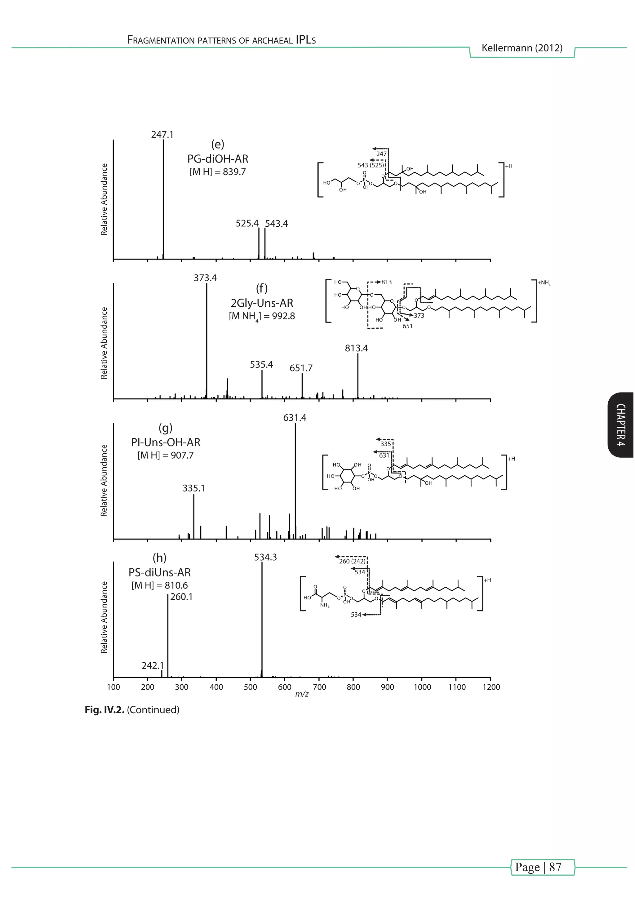 Page | 87
Fragmentation patterns of archaeal IPLs
Kellermann (2012)
CHAPTER4
+H543 (525)
247
RelativeAbundance
(e)
PG-diOH-AR
[M H] = 839.7
525.4 543.4
247.1
O O
O
P
O
O
OH
OH
HO
OH OH
335
RelativeAbundance
(g)
PI-Uns-OH-AR
[M H] = 907.7
335.1
631.4
O O
O
P
O
O
OH
OHHO
HO
HO OH
OH
631 +H
651
373
813
RelativeAbundance
(f)
2Gly-Uns-AR
[M NH4
] = 992.8
373.4
535.4 651.7
813.4
O O
OO
OHHO
HO
O
O
OHHO
HO
HO +NH4
RelativeAbundance
(h)
PS-diUns-AR
[M H] = 810.6
534.3
260.1
242.1
O
O
O
P
O
O
OH
NH2
HO
O
534
260 (242)
534
+H
200100 300 400 500 600 700
m/z
800 900 1000 12001100
Fig. IV.2. (Continued)
 