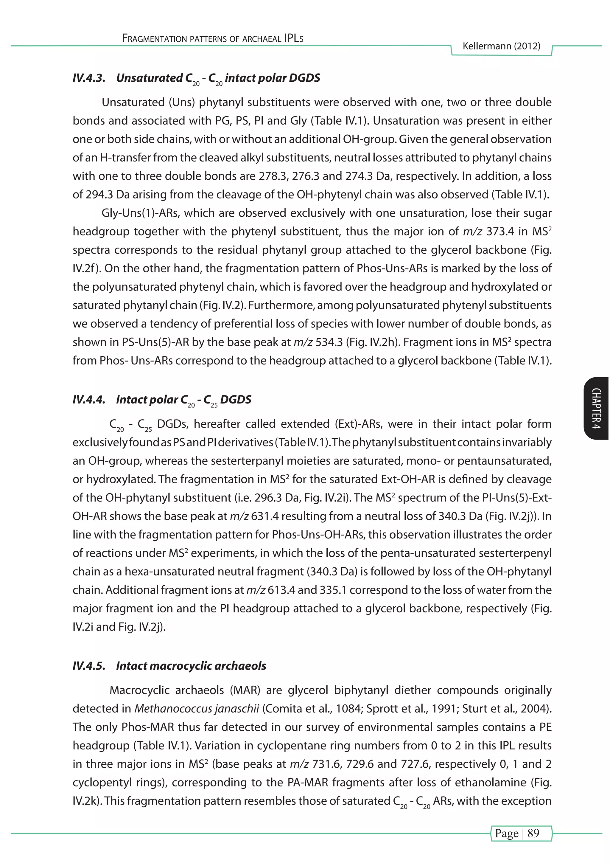 Page | 89
Fragmentation patterns of archaeal IPLs
Kellermann (2012)
CHAPTER4
IV.4.3.	 Unsaturated C20
- C20
intact polar DGDS
Unsaturated (Uns) phytanyl substituents were observed with one, two or three double
bonds and associated with PG, PS, PI and Gly (Table IV.1). Unsaturation was present in either
one or both side chains, with or without an additional OH-group. Given the general observation
of an H-transfer from the cleaved alkyl substituents, neutral losses attributed to phytanyl chains
with one to three double bonds are 278.3, 276.3 and 274.3 Da, respectively. In addition, a loss
of 294.3 Da arising from the cleavage of the OH-phytenyl chain was also observed (Table IV.1).
Gly-Uns(1)-ARs, which are observed exclusively with one unsaturation, lose their sugar
headgroup together with the phytenyl substituent, thus the major ion of m/z 373.4 in MS2
spectra corresponds to the residual phytanyl group attached to the glycerol backbone (Fig.
IV.2f). On the other hand, the fragmentation pattern of Phos-Uns-ARs is marked by the loss of
the polyunsaturated phytenyl chain, which is favored over the headgroup and hydroxylated or
saturatedphytanylchain(Fig.IV.2).Furthermore,amongpolyunsaturatedphytenylsubstituents
we observed a tendency of preferential loss of species with lower number of double bonds, as
shown in PS-Uns(5)-AR by the base peak at m/z 534.3 (Fig. IV.2h). Fragment ions in MS2
spectra
from Phos- Uns-ARs correspond to the headgroup attached to a glycerol backbone (Table IV.1).
IV.4.4.	 Intact polar C20
- C25
DGDS
	 C20
- C25
DGDs, hereafter called extended (Ext)-ARs, were in their intact polar form
exclusivelyfoundasPSandPIderivatives(TableIV.1).Thephytanylsubstituentcontainsinvariably
an OH-group, whereas the sesterterpanyl moieties are saturated, mono- or pentaunsaturated,
or hydroxylated. The fragmentation in MS2
for the saturated Ext-OH-AR is defined by cleavage
of the OH-phytanyl substituent (i.e. 296.3 Da, Fig. IV.2i). The MS2
spectrum of the PI-Uns(5)-Ext-
OH-AR shows the base peak at m/z 631.4 resulting from a neutral loss of 340.3 Da (Fig. IV.2j)). In
line with the fragmentation pattern for Phos-Uns-OH-ARs, this observation illustrates the order
of reactions under MS2
experiments, in which the loss of the penta-unsaturated sesterterpenyl
chain as a hexa-unsaturated neutral fragment (340.3 Da) is followed by loss of the OH-phytanyl
chain. Additional fragment ions at m/z 613.4 and 335.1 correspond to the loss of water from the
major fragment ion and the PI headgroup attached to a glycerol backbone, respectively (Fig.
IV.2i and Fig. IV.2j).
IV.4.5.	 Intact macrocyclic archaeols
	 Macrocyclic archaeols (MAR) are glycerol biphytanyl diether compounds originally
detected in Methanococcus janaschii (Comita et al., 1084; Sprott et al., 1991; Sturt et al., 2004).
The only Phos-MAR thus far detected in our survey of environmental samples contains a PE
headgroup (Table IV.1). Variation in cyclopentane ring numbers from 0 to 2 in this IPL results
in three major ions in MS2
(base peaks at m/z 731.6, 729.6 and 727.6, respectively 0, 1 and 2
cyclopentyl rings), corresponding to the PA-MAR fragments after loss of ethanolamine (Fig.
IV.2k).This fragmentation pattern resembles those of saturated C20
- C20
ARs, with the exception
 