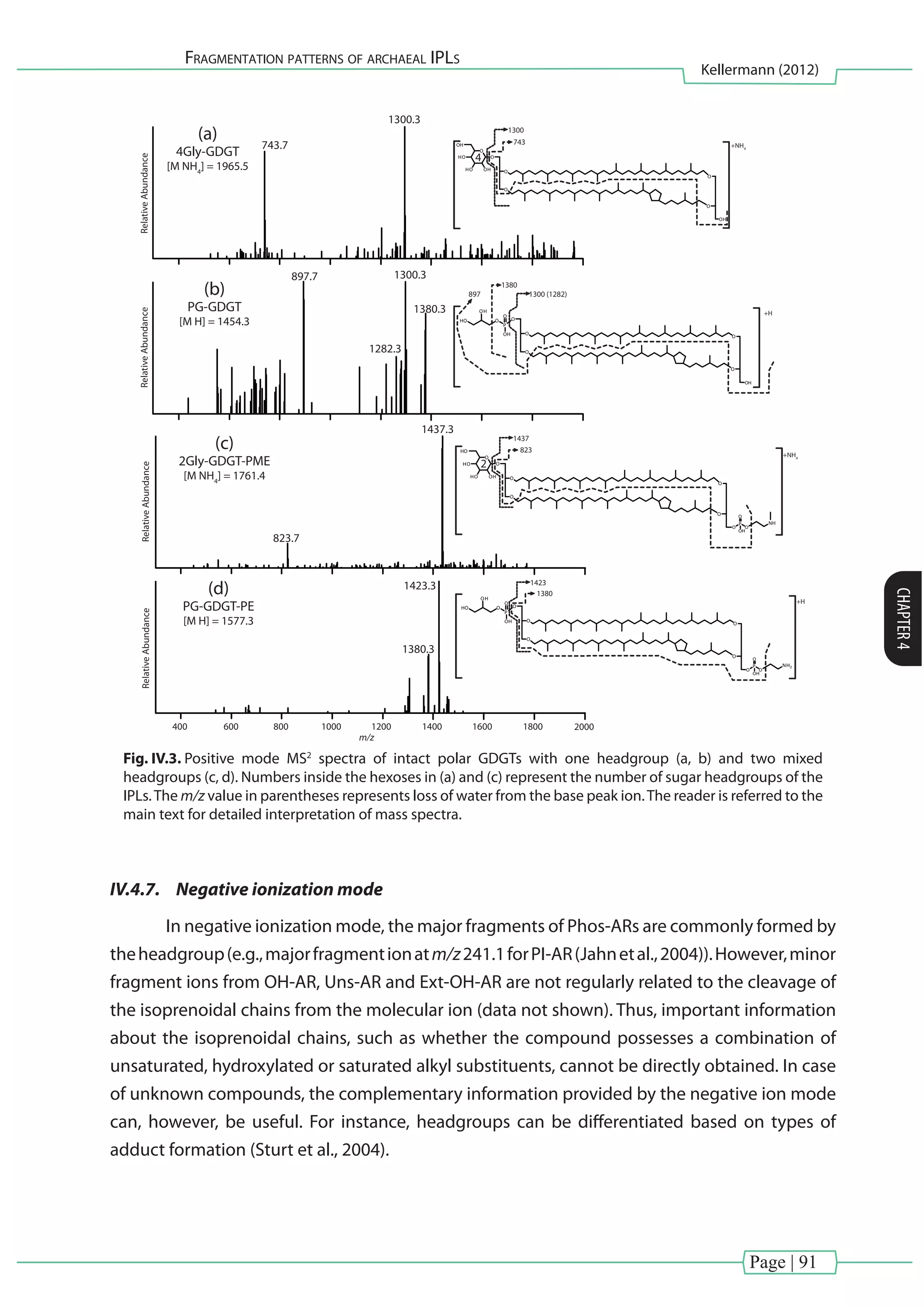 Page | 91
Fragmentation patterns of archaeal IPLs
Kellermann (2012)
CHAPTER4
RelativeAbundance 743.7
(a)
4Gly-GDGT
[M NH4
] = 1965.5
1300.3
4 O
O
O
OH
O
HO
HO OH
OH
O
O
1300
743 +NH4
RelativeAbundance
(b)
PG-GDGT
[M H] = 1454.3
1300.3
1380.3
1282.3
O
O
O
O
O
OH
P
O
OH
O
HO
OH
897.7
1300 (1282)
1380
+H
O
O
O
O
O
O
P
O
O
OH
NH2
P
O
OH
O
HO
OH
RelativeAbundance
(d)
PG-GDGT-PE
[M H] = 1577.3
1423.3
1380.3
1423
1380
+H
RelativeAbundance
(c)
2Gly-GDGT-PME
[M NH4
] = 1761.4
1437.3
823.7
2 O
O
O
O
O
HO OH
O
O
O
P
O
O
OH
NH
H
HO 823
897
1437
+NH4
400 600 800 1000 1200 1400 1600 1800 2000
m/z
Fig. IV.3. Positive mode MS2
spectra of intact polar GDGTs with one headgroup (a, b) and two mixed
headgroups (c, d). Numbers inside the hexoses in (a) and (c) represent the number of sugar headgroups of the
IPLs.The m/z value in parentheses represents loss of water from the base peak ion.The reader is referred to the
main text for detailed interpretation of mass spectra.
IV.4.7.	 Negative ionization mode
	 In negative ionization mode, the major fragments of Phos-ARs are commonly formed by
theheadgroup(e.g.,majorfragmentionatm/z241.1forPI-AR(Jahnetal.,2004)).However,minor
fragment ions from OH-AR, Uns-AR and Ext-OH-AR are not regularly related to the cleavage of
the isoprenoidal chains from the molecular ion (data not shown). Thus, important information
about the isoprenoidal chains, such as whether the compound possesses a combination of
unsaturated, hydroxylated or saturated alkyl substituents, cannot be directly obtained. In case
of unknown compounds, the complementary information provided by the negative ion mode
can, however, be useful. For instance, headgroups can be differentiated based on types of
adduct formation (Sturt et al., 2004).
 