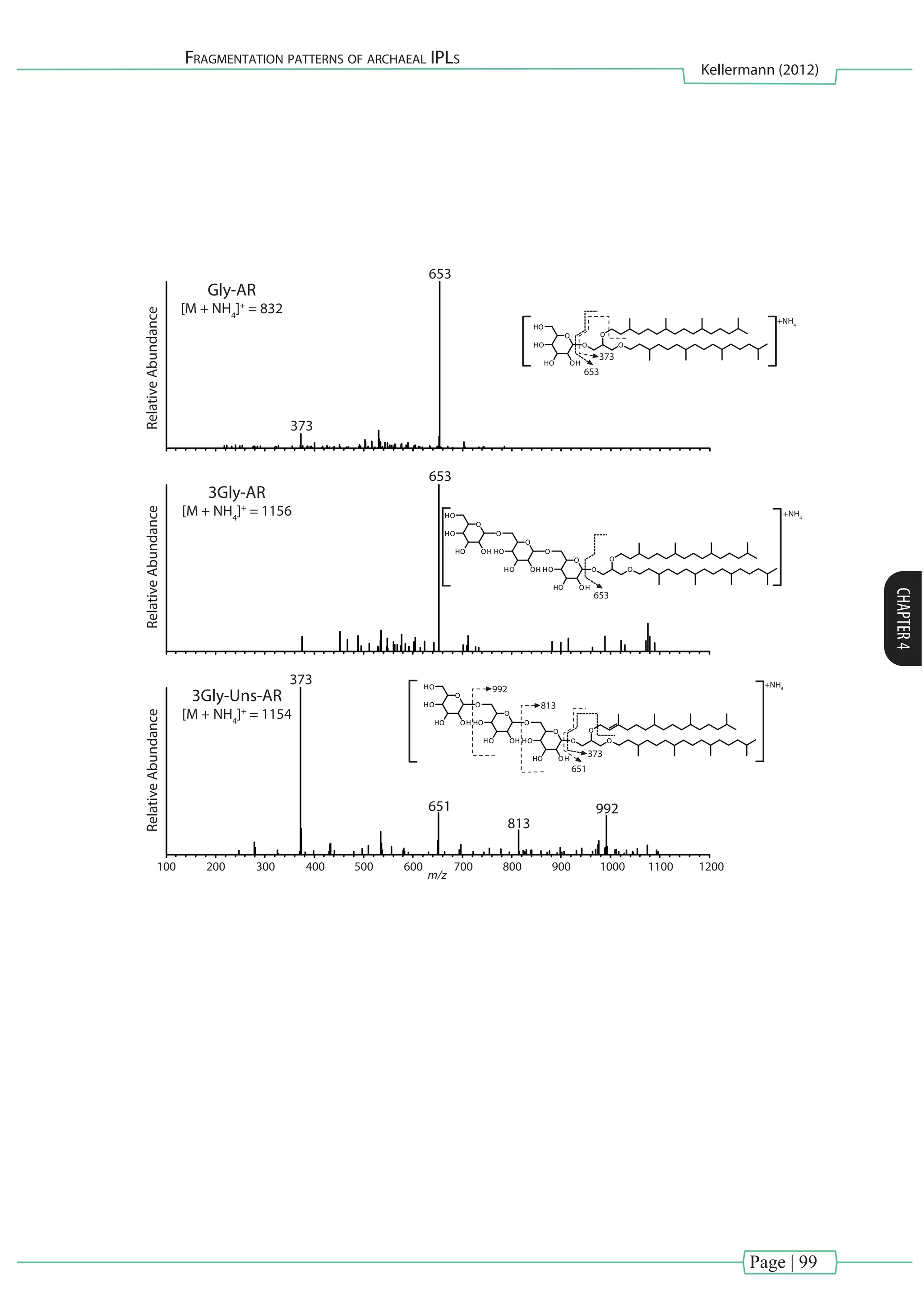 Page | 99
Fragmentation patterns of archaeal IPLs
Kellermann (2012)
CHAPTER4
373
RelativeAbundance
Gly-AR
[M + NH4
]+
= 832
653
O O
OO
OHHO
HO
HO
653
373
653
651
373
813
992
RelativeAbundance
3Gly-AR
[M + NH4
]+
= 1156
653
O O
OO
OHHO
HO
O
O
OHHO
HO
O
O
OHHO
HO
HO
RelativeAbundance
3Gly-Uns-AR
[M + NH4
]+
= 1154
651 992
813
373
O O
OO
OHHO
HO
O
O
OHHO
HO
O
O
OHHO
HO
HO
200100 300 400 500 600 700
m/z
800 900 1000 12001100
+NH4
+NH4
+NH4
 