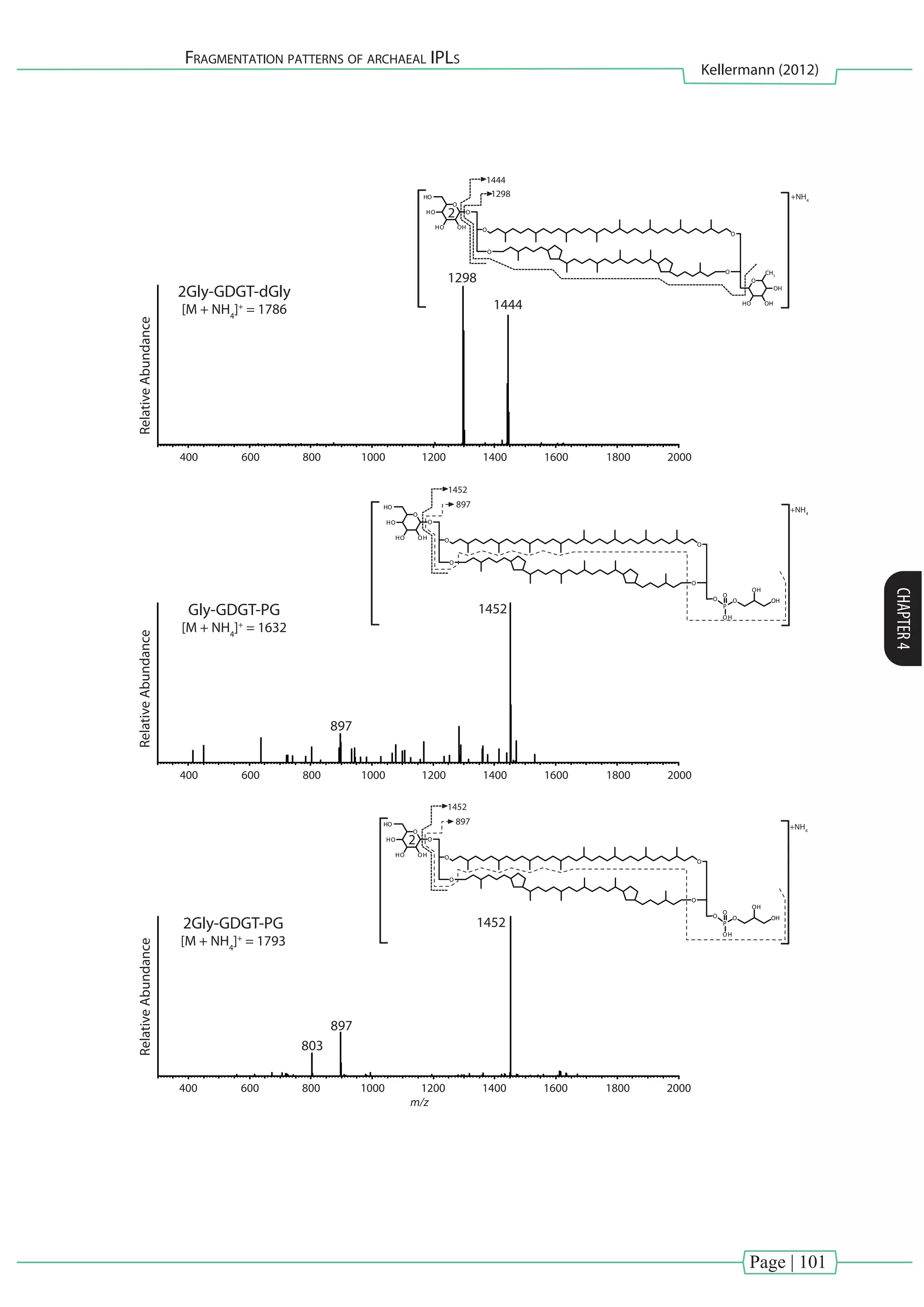 Page | 101
Fragmentation patterns of archaeal IPLs
Kellermann (2012)
CHAPTER4
RelativeAbundance
2Gly-GDGT-dGly
[M + NH4
]+
= 1786 1444
1298
2
O
O CH3
O
O
O
O
HO
HO OH
HO
O
HO
HOOH
O
O
O
O
O
O
HO
HO OH
HO
O
P
O
OH
O
OH
OH
m/z
400 600 800 1000 1200 1400 1600 1800 2000
RelativeAbundance
2Gly-GDGT-PG
[M + NH4
]+
= 1793
1452
897
803
O
O
O
O
O
O
HO
HO OH
HO
O
P
O
OH
O
OH
OH
RelativeAbundance
Gly-GDGT-PG
[M + NH4
]+
= 1632
1452
897
2
1444
1452
1298
897
1452
897
+NH4
+NH4
+NH4
400 600 800 1000 1200 1400 1600 1800 2000
400 600 800 1000 1200 1400 1600 1800 2000
 