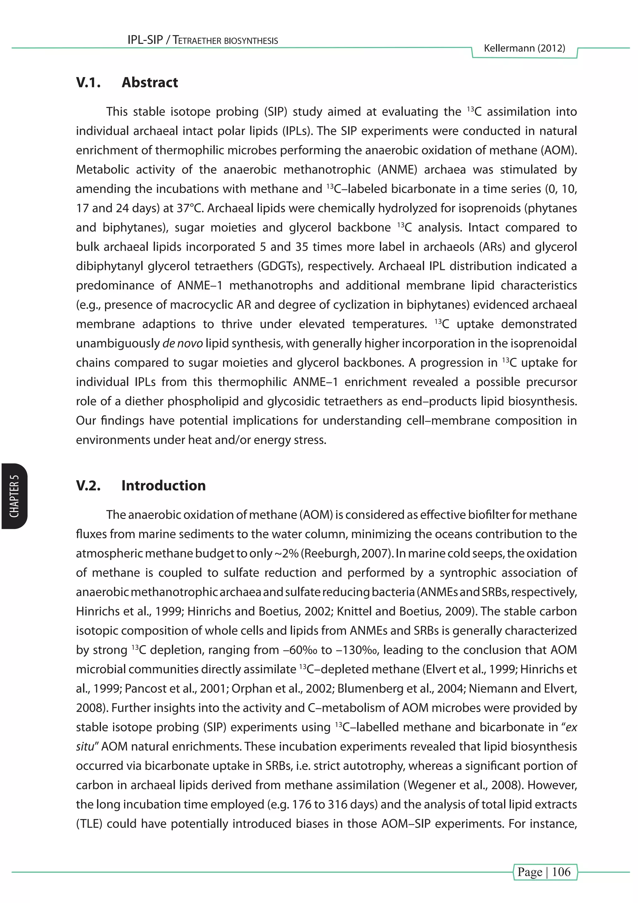 Page | 106
IPL-SIP / Tetraether biosynthesis
Kellermann (2012)
CHAPTER5
V.1.	 Abstract
This stable isotope probing (SIP) study aimed at evaluating the 13
C assimilation into
individual archaeal intact polar lipids (IPLs). The SIP experiments were conducted in natural
enrichment of thermophilic microbes performing the anaerobic oxidation of methane (AOM).
Metabolic activity of the anaerobic methanotrophic (ANME) archaea was stimulated by
amending the incubations with methane and 13
C–labeled bicarbonate in a time series (0, 10,
17 and 24 days) at 37°C. Archaeal lipids were chemically hydrolyzed for isoprenoids (phytanes
and biphytanes), sugar moieties and glycerol backbone 13
C analysis. Intact compared to
bulk archaeal lipids incorporated 5 and 35 times more label in archaeols (ARs) and glycerol
dibiphytanyl glycerol tetraethers (GDGTs), respectively. Archaeal IPL distribution indicated a
predominance of ANME–1 methanotrophs and additional membrane lipid characteristics
(e.g., presence of macrocyclic AR and degree of cyclization in biphytanes) evidenced archaeal
membrane adaptions to thrive under elevated temperatures. 13
C uptake demonstrated
unambiguously de novo lipid synthesis, with generally higher incorporation in the isoprenoidal
chains compared to sugar moieties and glycerol backbones. A progression in 13
C uptake for
individual IPLs from this thermophilic ANME–1 enrichment revealed a possible precursor
role of a diether phospholipid and glycosidic tetraethers as end–products lipid biosynthesis.
Our findings have potential implications for understanding cell–membrane composition in
environments under heat and/or energy stress.
V.2.	 Introduction
The anaerobic oxidation of methane (AOM) is considered as effective biofilter for methane
fluxes from marine sediments to the water column, minimizing the oceans contribution to the
atmosphericmethanebudgettoonly~2%(Reeburgh,2007).Inmarinecoldseeps,theoxidation
of methane is coupled to sulfate reduction and performed by a syntrophic association of
anaerobicmethanotrophicarchaeaandsulfatereducingbacteria(ANMEsandSRBs,respectively,
Hinrichs et al., 1999; Hinrichs and Boetius, 2002; Knittel and Boetius, 2009). The stable carbon
isotopic composition of whole cells and lipids from ANMEs and SRBs is generally characterized
by strong 13
C depletion, ranging from –60‰ to –130‰, leading to the conclusion that AOM
microbial communities directly assimilate 13
C–depleted methane (Elvert et al., 1999; Hinrichs et
al., 1999; Pancost et al., 2001; Orphan et al., 2002; Blumenberg et al., 2004; Niemann and Elvert,
2008). Further insights into the activity and C–metabolism of AOM microbes were provided by
stable isotope probing (SIP) experiments using 13
C–labelled methane and bicarbonate in “ex
situ” AOM natural enrichments. These incubation experiments revealed that lipid biosynthesis
occurred via bicarbonate uptake in SRBs, i.e. strict autotrophy, whereas a significant portion of
carbon in archaeal lipids derived from methane assimilation (Wegener et al., 2008). However,
the long incubation time employed (e.g. 176 to 316 days) and the analysis of total lipid extracts
(TLE) could have potentially introduced biases in those AOM–SIP experiments. For instance,
 