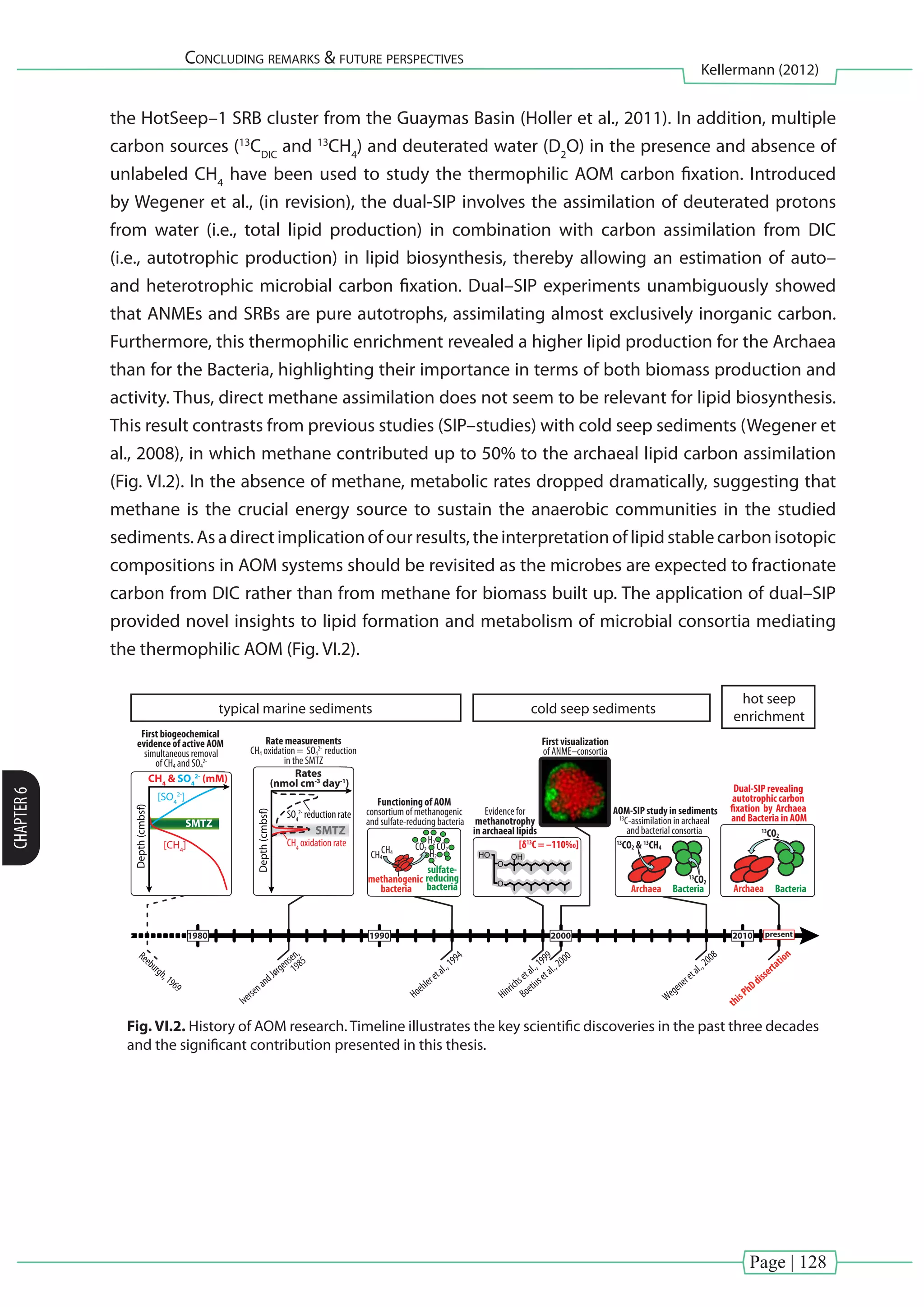 Page | 128
Concluding remarks & future perspectives
Kellermann (2012)
CHAPTER6
the HotSeep–1 SRB cluster from the Guaymas Basin (Holler et al., 2011). In addition, multiple
carbon sources (13
CDIC
and 13
CH4
) and deuterated water (D2
O) in the presence and absence of
unlabeled CH4
have been used to study the thermophilic AOM carbon fixation. Introduced
by Wegener et al., (in revision), the dual-SIP involves the assimilation of deuterated protons
from water (i.e., total lipid production) in combination with carbon assimilation from DIC
(i.e., autotrophic production) in lipid biosynthesis, thereby allowing an estimation of auto–
and heterotrophic microbial carbon fixation. Dual–SIP experiments unambiguously showed
that ANMEs and SRBs are pure autotrophs, assimilating almost exclusively inorganic carbon.
Furthermore, this thermophilic enrichment revealed a higher lipid production for the Archaea
than for the Bacteria, highlighting their importance in terms of both biomass production and
activity. Thus, direct methane assimilation does not seem to be relevant for lipid biosynthesis.
This result contrasts from previous studies (SIP–studies) with cold seep sediments (Wegener et
al., 2008), in which methane contributed up to 50% to the archaeal lipid carbon assimilation
(Fig. VI.2). In the absence of methane, metabolic rates dropped dramatically, suggesting that
methane is the crucial energy source to sustain the anaerobic communities in the studied
sediments.Asadirectimplicationofourresults,theinterpretationoflipidstablecarbonisotopic
compositions in AOM systems should be revisited as the microbes are expected to fractionate
carbon from DIC rather than from methane for biomass built up. The application of dual–SIP
provided novel insights to lipid formation and metabolism of microbial consortia mediating
the thermophilic AOM (Fig. VI.2).
SMTZ
Depth(cmbsf)
SMTZ
[CH4
]
CH4
& SO4
2-
(mM)
[SO4
2-
]
HO
O
O
OH
Evidence for
methanotrophy
in archaeal lipids
methanogenic
bacteria Archaea Bacteria
sulfate-
reducing
bacteria
CH4
CH4
CO2 CO2
Hinrichsetal.,1999
Hoehleretal.,1994
IversenandJørgensen,
1985
Reeburgh,1969
Boetiusetal.,2000
Wegeneretal.,2008
thisPhDdissertation
First visualization
of ANME–consortia
AOM-SIP study in sediments
13
C-assimilation in archaeal
and bacterial consortia
Dual-SIP revealing
autotrophic carbon
fixation by Archaea
and Bacteria in AOM
2010200019901980
Functioning of AOM
consortium of methanogenic
and sulfate-reducing bacteria
First biogeochemical
evidence of active AOM
simultaneous removal
of CH4 and SO4
2-
Depth(cmbsf)
Rate measurements
CH4 oxidation = SO4
2-
reduction
in the SMTZ
H2
H2
Archaea Bacteria
[δ13
C = –110‰]CH4
oxidation rate
Rates
(nmol cm-3
day-1
)
SO4
2-
reduction rate
present
13
CO2 & 13
CH4
13
CO2
13
CO2
typical marine sediments cold seep sediments
hot seep
enrichment
Fig. VI.2. History of AOM research. Timeline illustrates the key scientific discoveries in the past three decades
and the significant contribution presented in this thesis.
 