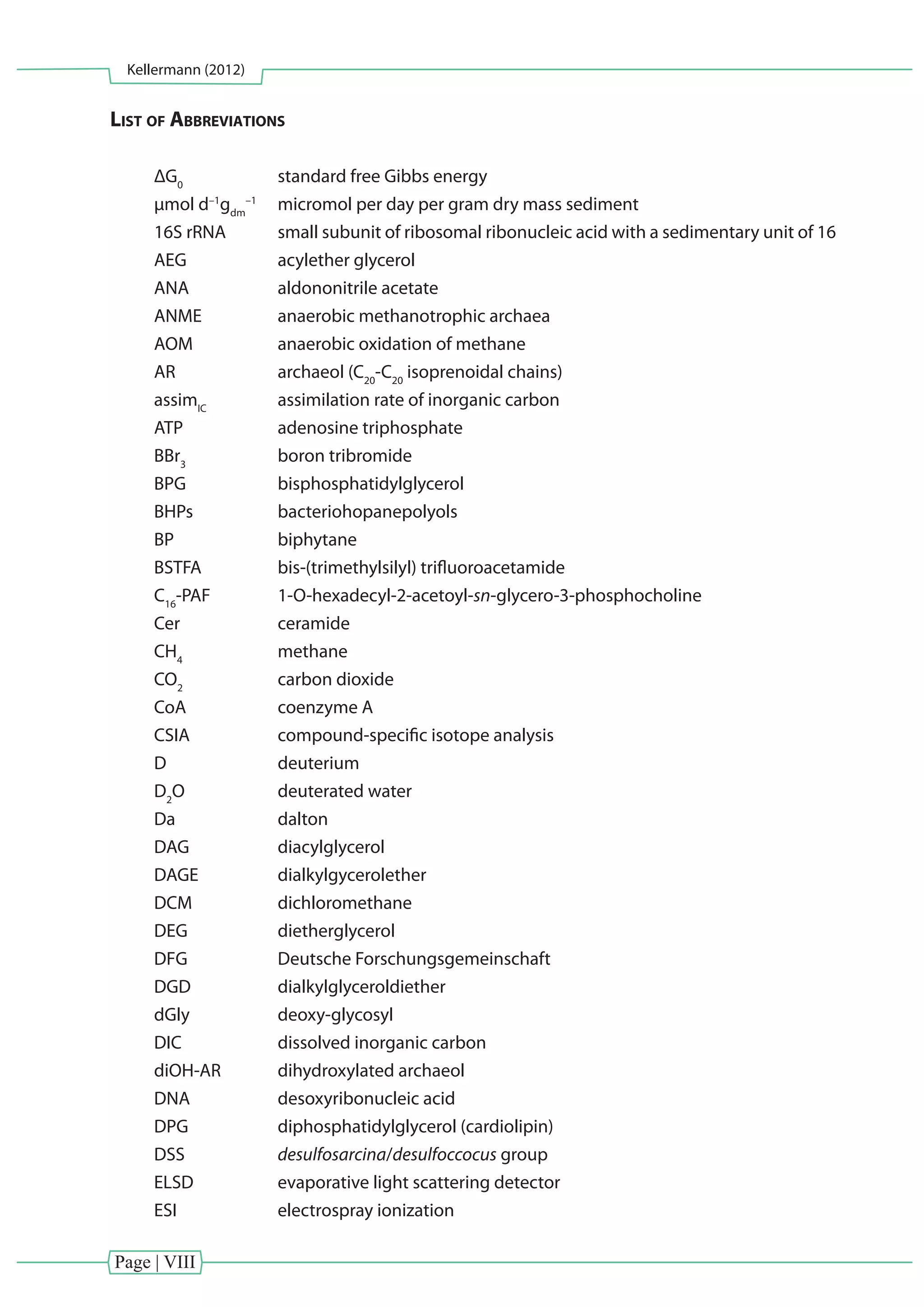 Page | VIII
Kellermann (2012)
List of Abbreviations
ΔG0
		 standard free Gibbs energy
µmol d–1
gdm
–1
	 micromol per day per gram dry mass sediment
16S rRNA	 small subunit of ribosomal ribonucleic acid with a sedimentary unit of 16
AEG 		 acylether glycerol
ANA		 aldononitrile acetate
ANME 		 anaerobic methanotrophic archaea
AOM 		 anaerobic oxidation of methane
AR		 archaeol (C20
-C20
isoprenoidal chains)
assimIC
		 assimilation rate of inorganic carbon
ATP 		 adenosine triphosphate
BBr3
		 boron tribromide
BPG 		 bisphosphatidylglycerol
BHPs		 bacteriohopanepolyols
BP 		 biphytane
BSTFA 		 bis‑(trimethylsilyl) trifluoroacetamide
C16
-PAF 		 1‑O-hexadecyl-2-acetoyl-sn-glycero-3-phosphocholine
Cer 		 ceramide
CH4
		 methane
CO2
		 carbon dioxide
CoA 		 coenzyme A
CSIA 		 compound-specific isotope analysis
D		 deuterium
D2
O		 deuterated water
Da 		 dalton
DAG		 diacylglycerol
DAGE 		 dialkylgycerolether
DCM 		 dichloromethane
DEG 		 dietherglycerol
DFG 		 Deutsche Forschungsgemeinschaft
DGD 		 dialkylglyceroldiether
dGly		 deoxy-glycosyl
DIC 		 dissolved inorganic carbon
diOH-AR		 dihydroxylated archaeol
DNA 		 desoxyribonucleic acid
DPG 		 diphosphatidylglycerol (cardiolipin)
DSS 		 desulfosarcina/desulfoccocus group
ELSD 		 evaporative light scattering detector
ESI 		 electrospray ionization
 
