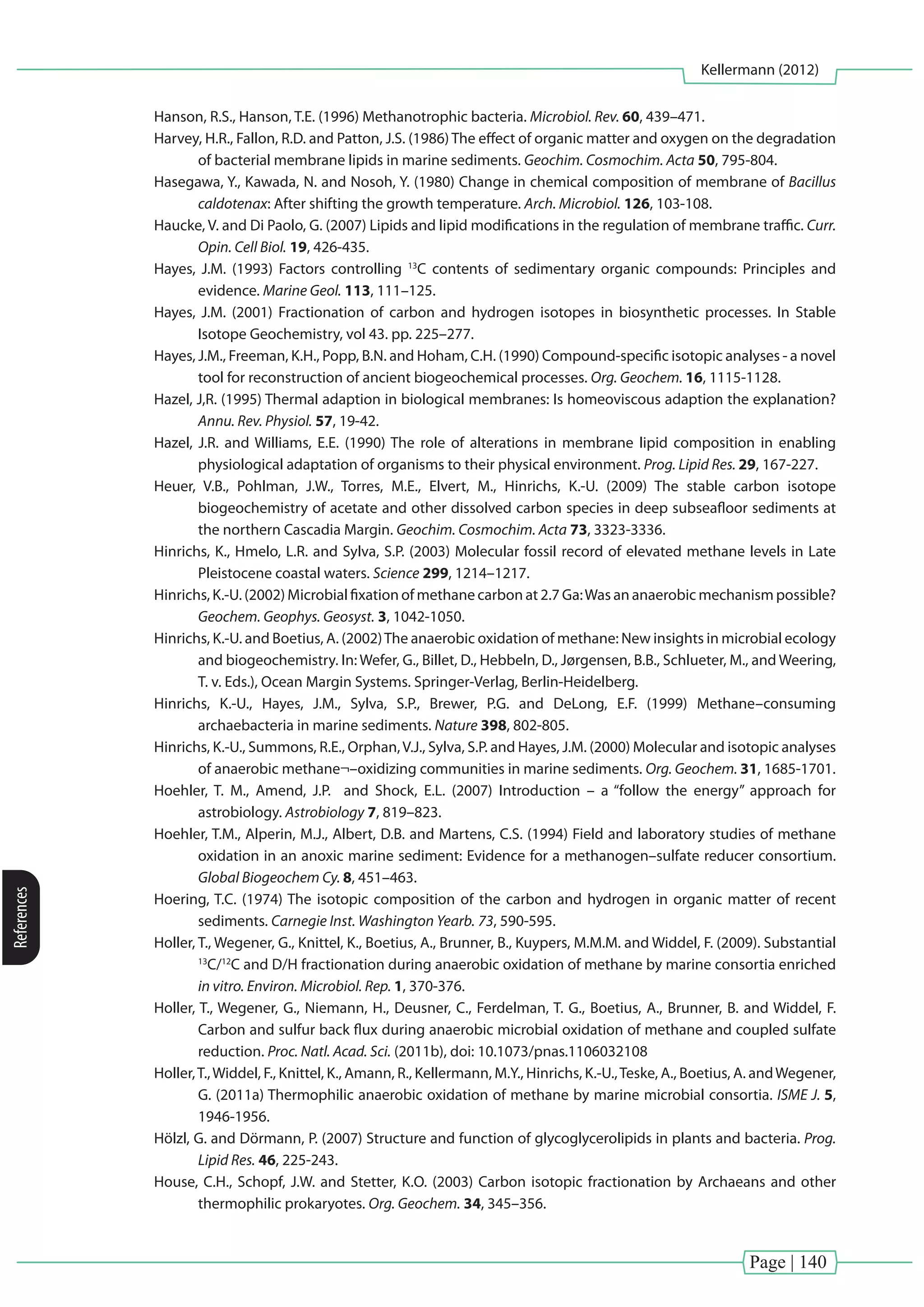 Page | 140
Kellermann (2012)
References
Hanson, R.S., Hanson, T.E. (1996) Methanotrophic bacteria. Microbiol. Rev. 60, 439–471.
Harvey, H.R., Fallon, R.D. and Patton, J.S. (1986) The effect of organic matter and oxygen on the degradation
of bacterial membrane lipids in marine sediments. Geochim. Cosmochim. Acta 50, 795-804.
Hasegawa, Y., Kawada, N. and Nosoh, Y. (1980) Change in chemical composition of membrane of Bacillus
caldotenax: After shifting the growth temperature. Arch. Microbiol. 126, 103-108.
Haucke, V. and Di Paolo, G. (2007) Lipids and lipid modifications in the regulation of membrane traffic. Curr.
Opin. Cell Biol. 19, 426-435.
Hayes, J.M. (1993) Factors controlling 13
C contents of sedimentary organic compounds: Principles and
evidence. Marine Geol. 113, 111–125.
Hayes, J.M. (2001) Fractionation of carbon and hydrogen isotopes in biosynthetic processes. In Stable
Isotope Geochemistry, vol 43. pp. 225–277.
Hayes, J.M., Freeman, K.H., Popp, B.N. and Hoham, C.H. (1990) Compound-specific isotopic analyses - a novel
tool for reconstruction of ancient biogeochemical processes. Org. Geochem. 16, 1115-1128.
Hazel, J,R. (1995) Thermal adaption in biological membranes: Is homeoviscous adaption the explanation?
Annu. Rev. Physiol. 57, 19-42.
Hazel, J.R. and Williams, E.E. (1990) The role of alterations in membrane lipid composition in enabling
physiological adaptation of organisms to their physical environment. Prog. Lipid Res. 29, 167-227.
Heuer, V.B., Pohlman, J.W., Torres, M.E., Elvert, M., Hinrichs, K.-U. (2009) The stable carbon isotope
biogeochemistry of acetate and other dissolved carbon species in deep subseafloor sediments at
the northern Cascadia Margin. Geochim. Cosmochim. Acta 73, 3323-3336.
Hinrichs, K., Hmelo, L.R. and Sylva, S.P. (2003) Molecular fossil record of elevated methane levels in Late
Pleistocene coastal waters. Science 299, 1214–1217.
Hinrichs, K.-U. (2002) Microbial fixation of methane carbon at 2.7 Ga:Was an anaerobic mechanism possible?
Geochem. Geophys. Geosyst. 3, 1042-1050.
Hinrichs, K.-U. and Boetius, A. (2002)The anaerobic oxidation of methane: New insights in microbial ecology
and biogeochemistry. In: Wefer, G., Billet, D., Hebbeln, D., Jørgensen, B.B., Schlueter, M., and Weering,
T. v. Eds.), Ocean Margin Systems. Springer-Verlag, Berlin-Heidelberg.
Hinrichs, K.-U., Hayes, J.M., Sylva, S.P., Brewer, P.G. and DeLong, E.F. (1999) Methane–consuming
archaebacteria in marine sediments. Nature 398, 802-805.
Hinrichs, K.-U., Summons, R.E., Orphan,V.J., Sylva, S.P. and Hayes, J.M. (2000) Molecular and isotopic analyses
of anaerobic methane¬–oxidizing communities in marine sediments. Org. Geochem. 31, 1685-1701.
Hoehler, T. M., Amend, J.P. and Shock, E.L. (2007) Introduction – a “follow the energy” approach for
astrobiology. Astrobiology 7, 819–823.
Hoehler, T.M., Alperin, M.J., Albert, D.B. and Martens, C.S. (1994) Field and laboratory studies of methane
oxidation in an anoxic marine sediment: Evidence for a methanogen–sulfate reducer consortium.
Global Biogeochem Cy. 8, 451–463.
Hoering, T.C. (1974) The isotopic composition of the carbon and hydrogen in organic matter of recent
sediments. Carnegie Inst. Washington Yearb. 73, 590-595.
Holler, T., Wegener, G., Knittel, K., Boetius, A., Brunner, B., Kuypers, M.M.M. and Widdel, F. (2009). Substantial
13
C/12
C and D/H fractionation during anaerobic oxidation of methane by marine consortia enriched
in vitro. Environ. Microbiol. Rep. 1, 370-376.
Holler, T., Wegener, G., Niemann, H., Deusner, C., Ferdelman, T. G., Boetius, A., Brunner, B. and Widdel, F.
Carbon and sulfur back flux during anaerobic microbial oxidation of methane and coupled sulfate
reduction. Proc. Natl. Acad. Sci. (2011b), doi: 10.1073/pnas.1106032108
Holler,T.,Widdel, F., Knittel, K., Amann, R., Kellermann, M.Y., Hinrichs, K.-U.,Teske, A., Boetius, A. andWegener,
G. (2011a) Thermophilic anaerobic oxidation of methane by marine microbial consortia. ISME J. 5,
1946-1956.
Hölzl, G. and Dörmann, P. (2007) Structure and function of glycoglycerolipids in plants and bacteria. Prog.
Lipid Res. 46, 225-243.
House, C.H., Schopf, J.W. and Stetter, K.O. (2003) Carbon isotopic fractionation by Archaeans and other
thermophilic prokaryotes. Org. Geochem. 34, 345–356.
 