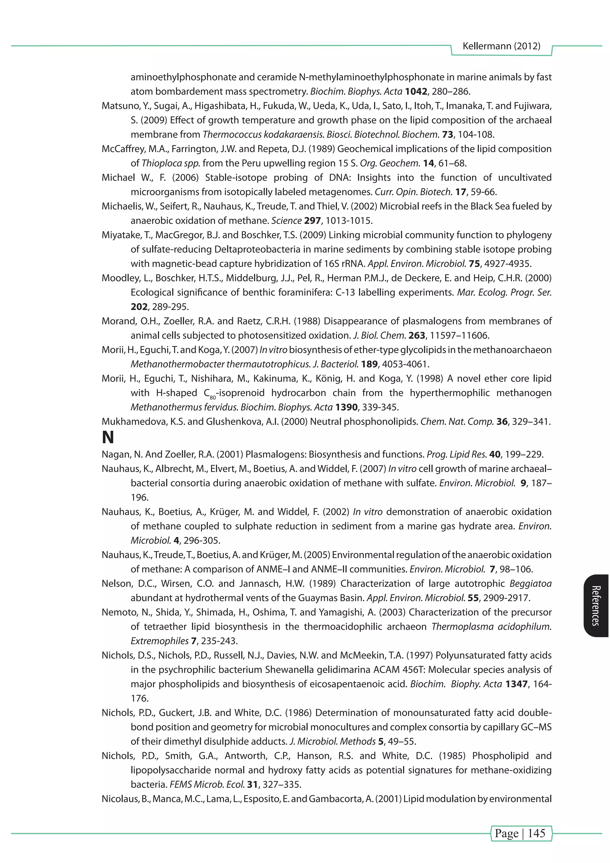 Page | 145
Kellermann (2012)
References
aminoethylphosphonate and ceramide N-methylaminoethylphosphonate in marine animals by fast
atom bombardement mass spectrometry. Biochim. Biophys. Acta 1042, 280–286.
Matsuno, Y., Sugai, A., Higashibata, H., Fukuda, W., Ueda, K., Uda, I., Sato, I., Itoh, T., Imanaka, T. and Fujiwara,
S. (2009) Effect of growth temperature and growth phase on the lipid composition of the archaeal
membrane from Thermococcus kodakaraensis. Biosci. Biotechnol. Biochem. 73, 104-108.
McCaffrey, M.A., Farrington, J.W. and Repeta, D.J. (1989) Geochemical implications of the lipid composition
of Thioploca spp. from the Peru upwelling region 15 S. Org. Geochem. 14, 61–68.
Michael W., F. (2006) Stable-isotope probing of DNA: Insights into the function of uncultivated
microorganisms from isotopically labeled metagenomes. Curr. Opin. Biotech. 17, 59-66.
Michaelis, W., Seifert, R., Nauhaus, K., Treude, T. and Thiel, V. (2002) Microbial reefs in the Black Sea fueled by
anaerobic oxidation of methane. Science 297, 1013-1015.
Miyatake, T., MacGregor, B.J. and Boschker, T.S. (2009) Linking microbial community function to phylogeny
of sulfate-reducing Deltaproteobacteria in marine sediments by combining stable isotope probing
with magnetic-bead capture hybridization of 16S rRNA. Appl. Environ. Microbiol. 75, 4927-4935.
Moodley, L., Boschker, H.T.S., Middelburg, J.J., Pel, R., Herman P.M.J., de Deckere, E. and Heip, C.H.R. (2000)
Ecological significance of benthic foraminifera: C-13 labelling experiments. Mar. Ecolog. Progr. Ser.
202, 289-295.
Morand, O.H., Zoeller, R.A. and Raetz, C.R.H. (1988) Disappearance of plasmalogens from membranes of
animal cells subjected to photosensitized oxidation. J. Biol. Chem. 263, 11597–11606.
Morii,H.,Eguchi,T.andKoga,Y.(2007)Invitrobiosynthesisofether-typeglycolipidsinthemethanoarchaeon
Methanothermobacter thermautotrophicus. J. Bacteriol. 189, 4053-4061.
Morii, H., Eguchi, T., Nishihara, M., Kakinuma, K., König, H. and Koga, Y. (1998) A novel ether core lipid
with H-shaped C80
-isoprenoid hydrocarbon chain from the hyperthermophilic methanogen
Methanothermus fervidus. Biochim. Biophys. Acta 1390, 339-345.
Mukhamedova, K.S. and Glushenkova, A.I. (2000) Neutral phosphonolipids. Chem. Nat. Comp. 36, 329–341.
N
Nagan, N. And Zoeller, R.A. (2001) Plasmalogens: Biosynthesis and functions. Prog. Lipid Res. 40, 199–229.
Nauhaus, K., Albrecht, M., Elvert, M., Boetius, A. and Widdel, F. (2007) In vitro cell growth of marine archaeal–
bacterial consortia during anaerobic oxidation of methane with sulfate. Environ. Microbiol. 9, 187–
196.
Nauhaus, K., Boetius, A., Krüger, M. and Widdel, F. (2002) In vitro demonstration of anaerobic oxidation
of methane coupled to sulphate reduction in sediment from a marine gas hydrate area. Environ.
Microbiol. 4, 296-305.
Nauhaus,K.,Treude,T.,Boetius,A.andKrüger,M.(2005)Environmentalregulationoftheanaerobicoxidation
of methane: A comparison of ANME–I and ANME–II communities. Environ. Microbiol. 7, 98–106.
Nelson, D.C., Wirsen, C.O. and Jannasch, H.W. (1989) Characterization of large autotrophic Beggiatoa
abundant at hydrothermal vents of the Guaymas Basin. Appl. Environ. Microbiol. 55, 2909-2917.
Nemoto, N., Shida, Y., Shimada, H., Oshima, T. and Yamagishi, A. (2003) Characterization of the precursor
of tetraether lipid biosynthesis in the thermoacidophilic archaeon Thermoplasma acidophilum.
Extremophiles 7, 235-243.
Nichols, D.S., Nichols, P.D., Russell, N.J., Davies, N.W. and McMeekin, T.A. (1997) Polyunsaturated fatty acids
in the psychrophilic bacterium Shewanella gelidimarina ACAM 456T: Molecular species analysis of
major phospholipids and biosynthesis of eicosapentaenoic acid. Biochim. Biophy. Acta 1347, 164-
176.
Nichols, P.D., Guckert, J.B. and White, D.C. (1986) Determination of monounsaturated fatty acid double-
bond position and geometry for microbial monocultures and complex consortia by capillary GC–MS
of their dimethyl disulphide adducts. J. Microbiol. Methods 5, 49–55.
Nichols, P.D., Smith, G.A., Antworth, C.P., Hanson, R.S. and White, D.C. (1985) Phospholipid and
lipopolysaccharide normal and hydroxy fatty acids as potential signatures for methane-oxidizing
bacteria. FEMS Microb. Ecol. 31, 327–335.
Nicolaus,B.,Manca,M.C.,Lama,L.,Esposito,E.andGambacorta,A.(2001)Lipidmodulationbyenvironmental
 
