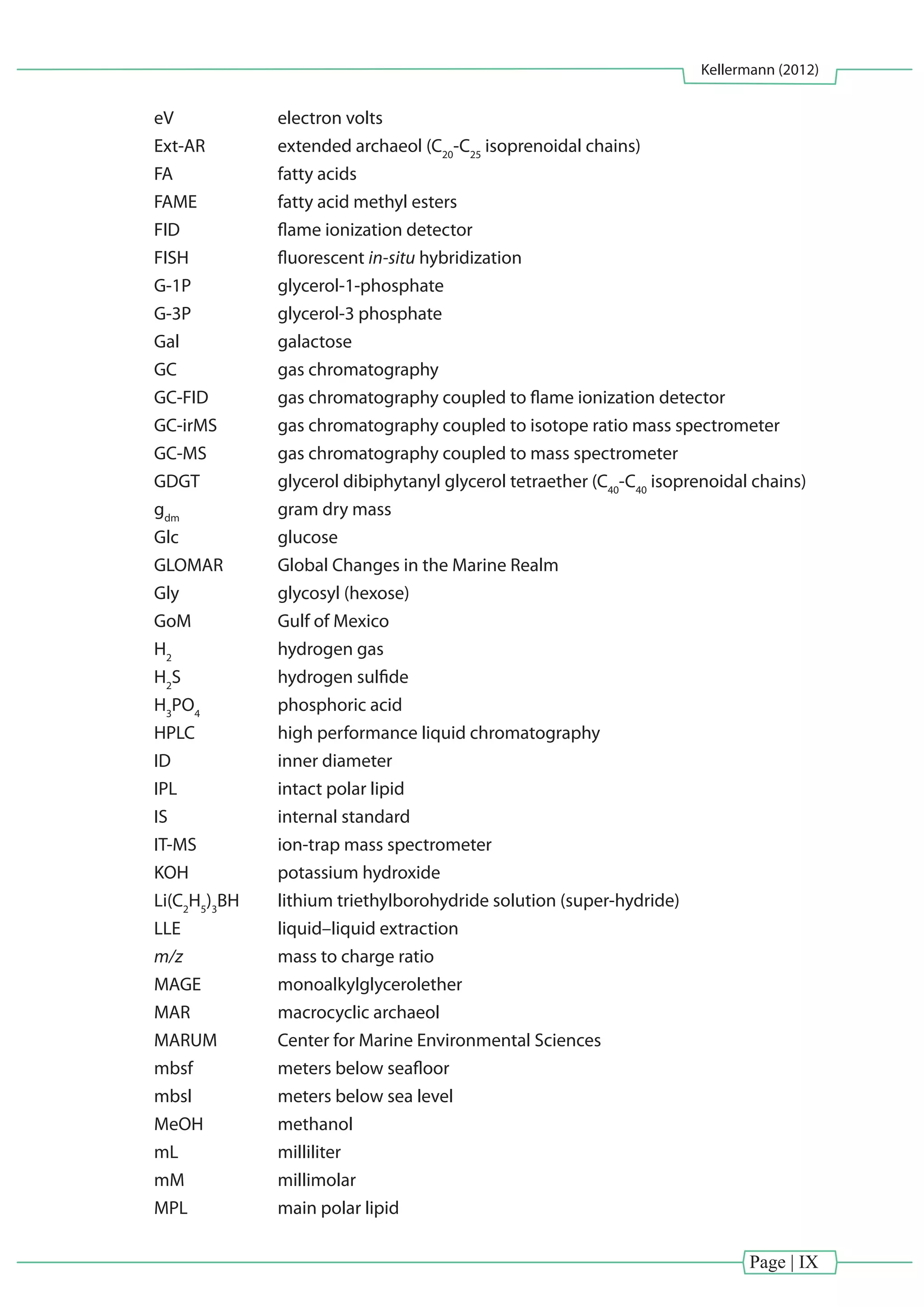 Page | IX
Kellermann (2012)
eV 		 electron volts
Ext-AR		 extended archaeol (C20
-C25
isoprenoidal chains)
FA 		 fatty acids
FAME 		 fatty acid methyl esters
FID 		 flame ionization detector
FISH 		 fluorescent in-situ hybridization
G-1P 		 glycerol-1-phosphate
G-3P 		 glycerol-3 phosphate
Gal		 galactose
GC 		 gas chromatography
GC-FID 		 gas chromatography coupled to flame ionization detector
GC-irMS 		 gas chromatography coupled to isotope ratio mass spectrometer
GC-MS 		 gas chromatography coupled to mass spectrometer
GDGT		 glycerol dibiphytanyl glycerol tetraether (C40
-C40
isoprenoidal chains)
gdm
		 gram dry mass
Glc		 glucose
GLOMAR 	 Global Changes in the Marine Realm
Gly		 glycosyl (hexose)
GoM 		 Gulf of Mexico
H2
		 hydrogen gas
H2
S		 hydrogen sulfide
H3
PO4
		 phosphoric acid
HPLC 		 high performance liquid chromatography
ID		 inner diameter
IPL 		 intact polar lipid
IS 		 internal standard
IT-MS 		 ion-trap mass spectrometer
KOH 		 potassium hydroxide
Li(C2
H5
)3
BH	 lithium triethylborohydride solution (super-hydride)
LLE		 liquid–liquid extraction
m/z 		 mass to charge ratio
MAGE 		 monoalkylglycerolether
MAR		 macrocyclic archaeol
MARUM 		 Center for Marine Environmental Sciences
mbsf 		 meters below seafloor
mbsl 		 meters below sea level
MeOH 		 methanol
mL 		 milliliter
mM 		 millimolar
MPL 		 main polar lipid
 