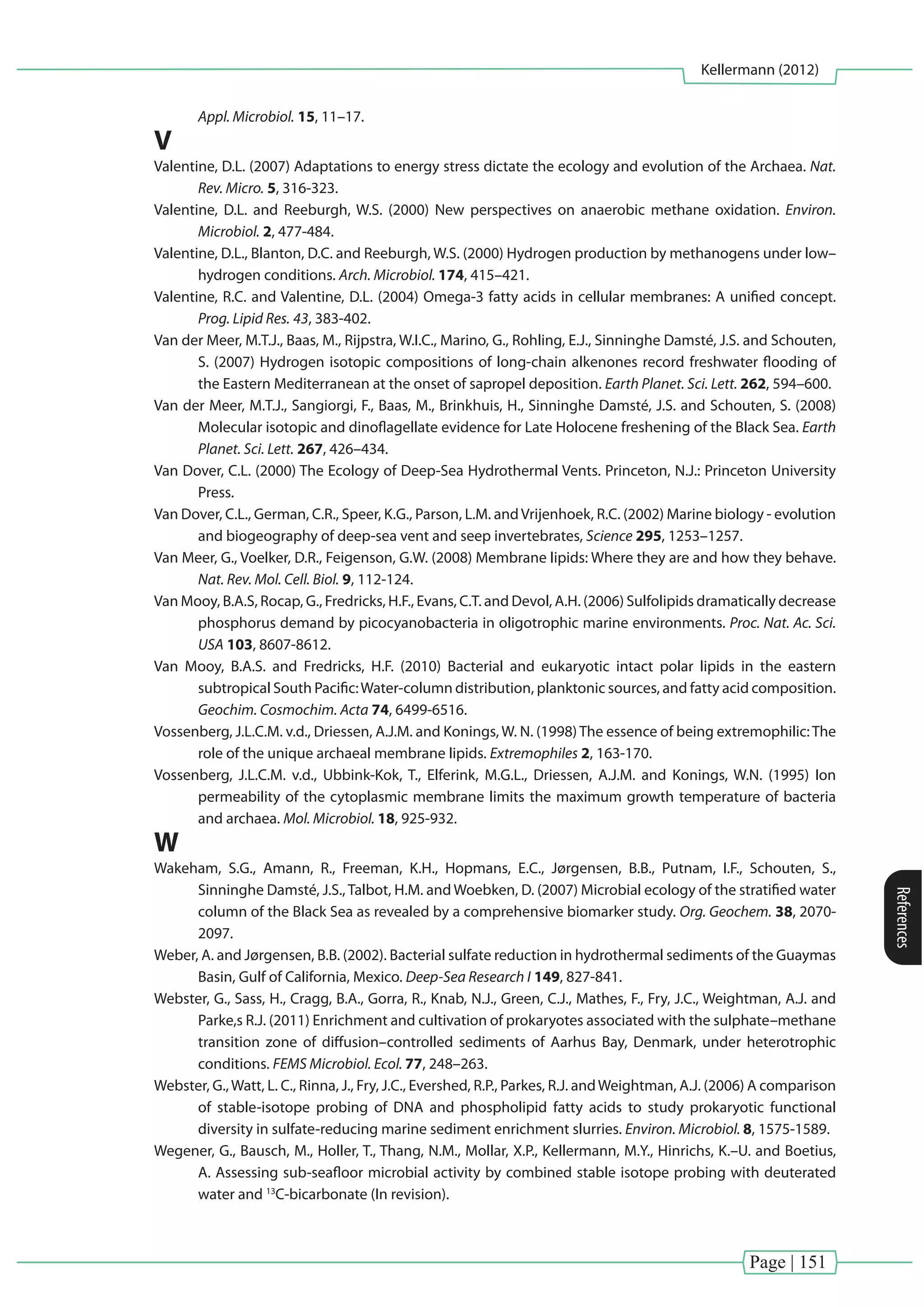 Page | 151
Kellermann (2012)
References
Appl. Microbiol. 15, 11–17.
V
Valentine, D.L. (2007) Adaptations to energy stress dictate the ecology and evolution of the Archaea. Nat.
Rev. Micro. 5, 316-323.
Valentine, D.L. and Reeburgh, W.S. (2000) New perspectives on anaerobic methane oxidation. Environ.
Microbiol. 2, 477-484.
Valentine, D.L., Blanton, D.C. and Reeburgh, W.S. (2000) Hydrogen production by methanogens under low–
hydrogen conditions. Arch. Microbiol. 174, 415–421.
Valentine, R.C. and Valentine, D.L. (2004) Omega-3 fatty acids in cellular membranes: A unified concept.
Prog. Lipid Res. 43, 383-402.
Van der Meer, M.T.J., Baas, M., Rijpstra, W.I.C., Marino, G., Rohling, E.J., Sinninghe Damsté, J.S. and Schouten,
S. (2007) Hydrogen isotopic compositions of long-chain alkenones record freshwater flooding of
the Eastern Mediterranean at the onset of sapropel deposition. Earth Planet. Sci. Lett. 262, 594–600.
Van der Meer, M.T.J., Sangiorgi, F., Baas, M., Brinkhuis, H., Sinninghe Damsté, J.S. and Schouten, S. (2008)
Molecular isotopic and dinoflagellate evidence for Late Holocene freshening of the Black Sea. Earth
Planet. Sci. Lett. 267, 426–434.
Van Dover, C.L. (2000) The Ecology of Deep-Sea Hydrothermal Vents. Princeton, N.J.: Princeton University
Press.
Van Dover, C.L., German, C.R., Speer, K.G., Parson, L.M. andVrijenhoek, R.C. (2002) Marine biology - evolution
and biogeography of deep-sea vent and seep invertebrates, Science 295, 1253–1257.
Van Meer, G., Voelker, D.R., Feigenson, G.W. (2008) Membrane lipids: Where they are and how they behave.
Nat. Rev. Mol. Cell. Biol. 9, 112-124.
Van Mooy, B.A.S, Rocap, G., Fredricks, H.F., Evans, C.T. and Devol, A.H. (2006) Sulfolipids dramatically decrease
phosphorus demand by picocyanobacteria in oligotrophic marine environments. Proc. Nat. Ac. Sci.
USA 103, 8607-8612.
Van Mooy, B.A.S. and Fredricks, H.F. (2010) Bacterial and eukaryotic intact polar lipids in the eastern
subtropical South Pacific:Water-column distribution, planktonic sources, and fatty acid composition.
Geochim. Cosmochim. Acta 74, 6499-6516.
Vossenberg, J.L.C.M. v.d., Driessen, A.J.M. and Konings, W. N. (1998)The essence of being extremophilic:The
role of the unique archaeal membrane lipids. Extremophiles 2, 163-170.
Vossenberg, J.L.C.M. v.d., Ubbink-Kok, T., Elferink, M.G.L., Driessen, A.J.M. and Konings, W.N. (1995) Ion
permeability of the cytoplasmic membrane limits the maximum growth temperature of bacteria
and archaea. Mol. Microbiol. 18, 925-932.
W
Wakeham, S.G., Amann, R., Freeman, K.H., Hopmans, E.C., Jørgensen, B.B., Putnam, I.F., Schouten, S.,
Sinninghe Damsté, J.S., Talbot, H.M. and Woebken, D. (2007) Microbial ecology of the stratified water
column of the Black Sea as revealed by a comprehensive biomarker study. Org. Geochem. 38, 2070-
2097.
Weber, A. and Jørgensen, B.B. (2002). Bacterial sulfate reduction in hydrothermal sediments of the Guaymas
Basin, Gulf of California, Mexico. Deep-Sea Research I 149, 827-841.
Webster, G., Sass, H., Cragg, B.A., Gorra, R., Knab, N.J., Green, C.J., Mathes, F., Fry, J.C., Weightman, A.J. and
Parke,s R.J. (2011) Enrichment and cultivation of prokaryotes associated with the sulphate–methane
transition zone of diffusion–controlled sediments of Aarhus Bay, Denmark, under heterotrophic
conditions. FEMS Microbiol. Ecol. 77, 248–263.
Webster, G.,Watt, L. C., Rinna, J., Fry, J.C., Evershed, R.P., Parkes, R.J. andWeightman, A.J. (2006) A comparison
of stable-isotope probing of DNA and phospholipid fatty acids to study prokaryotic functional
diversity in sulfate-reducing marine sediment enrichment slurries. Environ. Microbiol. 8, 1575-1589.
Wegener, G., Bausch, M., Holler, T., Thang, N.M., Mollar, X.P., Kellermann, M.Y., Hinrichs, K.–U. and Boetius,
A. Assessing sub-seafloor microbial activity by combined stable isotope probing with deuterated
water and 13
C-bicarbonate (In revision).
 