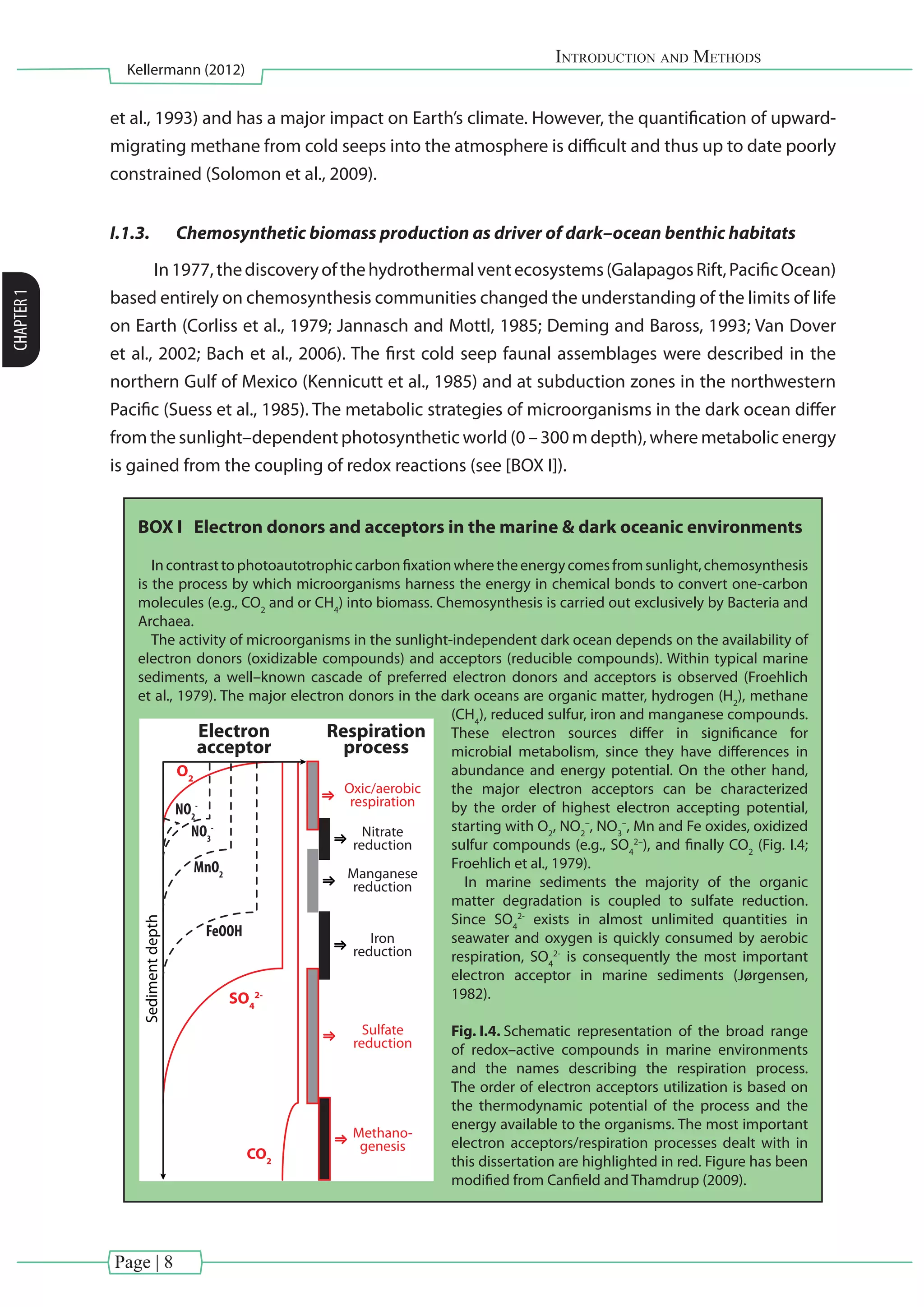 Page | 8
Introduction and Methods
Kellermann (2012)
CHAPTER1
et al., 1993) and has a major impact on Earth’s climate. However, the quantification of upward-
migrating methane from cold seeps into the atmosphere is difficult and thus up to date poorly
constrained (Solomon et al., 2009).
I.1.3.	 Chemosynthetic biomass production as driver of dark–ocean benthic habitats
In1977,thediscoveryofthehydrothermalventecosystems(GalapagosRift,PacificOcean)
based entirely on chemosynthesis communities changed the understanding of the limits of life
on Earth (Corliss et al., 1979; Jannasch and Mottl, 1985; Deming and Baross, 1993; Van Dover
et al., 2002; Bach et al., 2006). The first cold seep faunal assemblages were described in the
northern Gulf of Mexico (Kennicutt et al., 1985) and at subduction zones in the northwestern
Pacific (Suess et al., 1985). The metabolic strategies of microorganisms in the dark ocean differ
from the sunlight–dependent photosynthetic world (0 – 300 m depth), where metabolic energy
is gained from the coupling of redox reactions (see [BOX I]).
BOX I Electron donors and acceptors in the marine & dark oceanic environments
Incontrasttophotoautotrophiccarbonfixationwheretheenergycomesfromsunlight,chemosynthesis
is the process by which microorganisms harness the energy in chemical bonds to convert one-carbon
molecules (e.g., CO2
and or CH4
) into biomass. Chemosynthesis is carried out exclusively by Bacteria and
Archaea.
The activity of microorganisms in the sunlight-independent dark ocean depends on the availability of
electron donors (oxidizable compounds) and acceptors (reducible compounds). Within typical marine
sediments, a well–known cascade of preferred electron donors and acceptors is observed (Froehlich
et al., 1979). The major electron donors in the dark oceans are organic matter, hydrogen (H2
), methane
(CH4
), reduced sulfur, iron and manganese compounds.
These electron sources differ in significance for
microbial metabolism, since they have differences in
abundance and energy potential. On the other hand,
the major electron acceptors can be characterized
by the order of highest electron accepting potential,
starting with O2
, NO2
–
, NO3
–
, Mn and Fe oxides, oxidized
sulfur compounds (e.g., SO4
2–
), and finally CO2
(Fig. I.4;
Froehlich et al., 1979).
In marine sediments the majority of the organic
matter degradation is coupled to sulfate reduction.
Since SO4
2-
exists in almost unlimited quantities in
seawater and oxygen is quickly consumed by aerobic
respiration, SO4
2-
is consequently the most important
electron acceptor in marine sediments (Jørgensen,
1982).
Fig. I.4. Schematic representation of the broad range
of redox–active compounds in marine environments
and the names describing the respiration process.
The order of electron acceptors utilization is based on
the thermodynamic potential of the process and the
energy available to the organisms. The most important
electron acceptors/respiration processes dealt with in
this dissertation are highlighted in red. Figure has been
modified from Canfield and Thamdrup (2009).
O2
Electron
acceptor
Respiration
process
Oxic/aerobic
respiration
Nitrate
reduction
Manganese
reduction
Iron
reduction
Sulfate
reduction
Methano-
genesis
NO2
-
NO3
-
MnO2
FeOOH
SO4
2-
CO2
Sedimentdepth
 