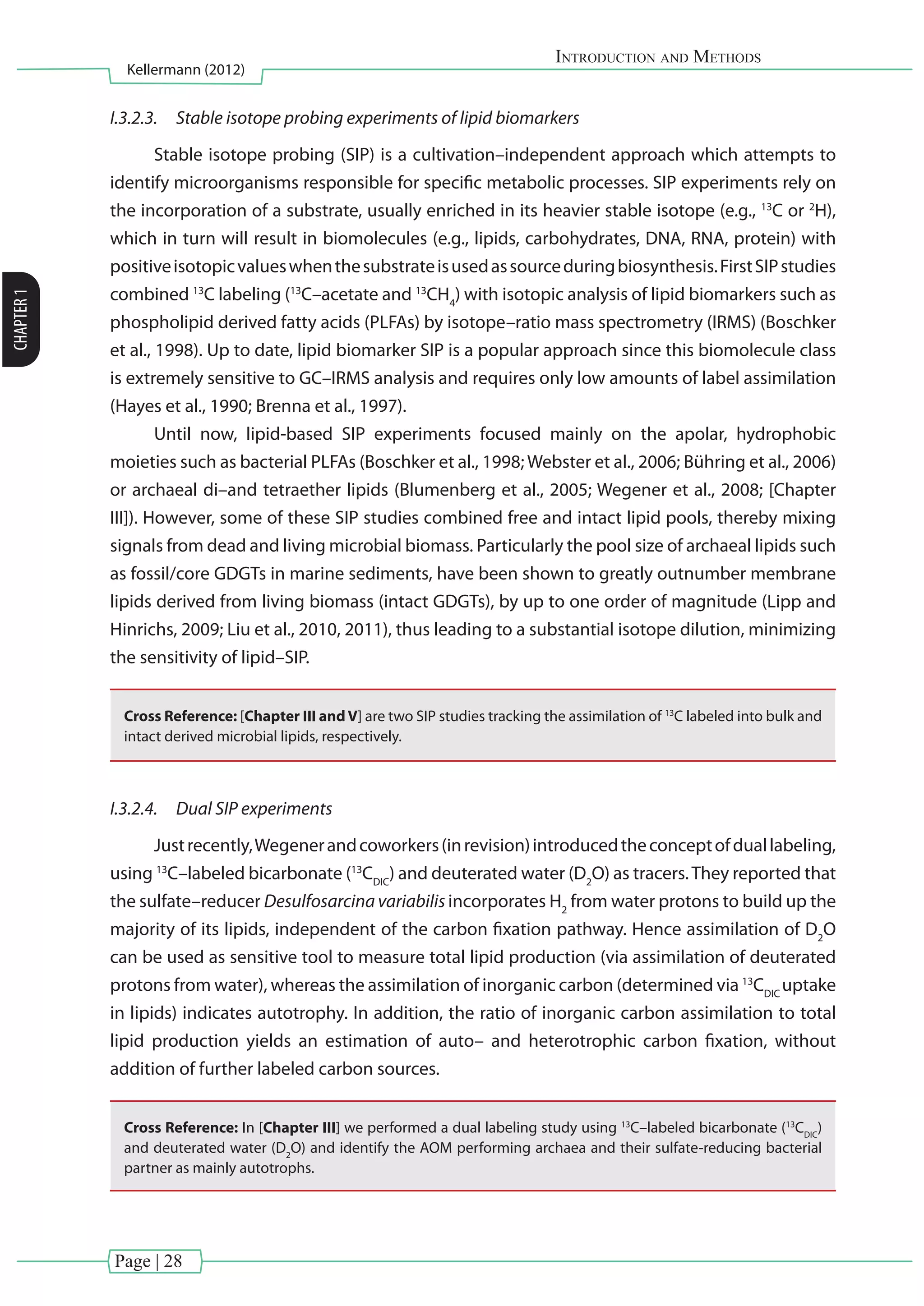 Page | 28
Introduction and Methods
Kellermann (2012)
CHAPTER1
I.3.2.3.	 Stable isotope probing experiments of lipid biomarkers
Stable isotope probing (SIP) is a cultivation–independent approach which attempts to
identify microorganisms responsible for specific metabolic processes. SIP experiments rely on
the incorporation of a substrate, usually enriched in its heavier stable isotope (e.g., 13
C or 2
H),
which in turn will result in biomolecules (e.g., lipids, carbohydrates, DNA, RNA, protein) with
positiveisotopicvalueswhenthesubstrateisusedassourceduringbiosynthesis.FirstSIPstudies
combined 13
C labeling (13
C–acetate and 13
CH4
) with isotopic analysis of lipid biomarkers such as
phospholipid derived fatty acids (PLFAs) by isotope–ratio mass spectrometry (IRMS) (Boschker
et al., 1998). Up to date, lipid biomarker SIP is a popular approach since this biomolecule class
is extremely sensitive to GC–IRMS analysis and requires only low amounts of label assimilation
(Hayes et al., 1990; Brenna et al., 1997).
Until now, lipid-based SIP experiments focused mainly on the apolar, hydrophobic
moieties such as bacterial PLFAs (Boschker et al., 1998; Webster et al., 2006; Bühring et al., 2006)
or archaeal di–and tetraether lipids (Blumenberg et al., 2005; Wegener et al., 2008; [Chapter
III]). However, some of these SIP studies combined free and intact lipid pools, thereby mixing
signals from dead and living microbial biomass. Particularly the pool size of archaeal lipids such
as fossil/core GDGTs in marine sediments, have been shown to greatly outnumber membrane
lipids derived from living biomass (intact GDGTs), by up to one order of magnitude (Lipp and
Hinrichs, 2009; Liu et al., 2010, 2011), thus leading to a substantial isotope dilution, minimizing
the sensitivity of lipid–SIP.
Cross Reference: [Chapter III andV] are two SIP studies tracking the assimilation of 13
C labeled into bulk and
intact derived microbial lipids, respectively.
I.3.2.4.	 Dual SIP experiments
Justrecently,Wegenerandcoworkers(inrevision)introducedtheconceptofduallabeling,
using 13
C–labeled bicarbonate (13
CDIC
) and deuterated water (D2
O) as tracers.They reported that
the sulfate–reducer Desulfosarcina variabilis incorporates H2
from water protons to build up the
majority of its lipids, independent of the carbon fixation pathway. Hence assimilation of D2
O
can be used as sensitive tool to measure total lipid production (via assimilation of deuterated
protons from water), whereas the assimilation of inorganic carbon (determined via 13
CDIC
uptake
in lipids) indicates autotrophy. In addition, the ratio of inorganic carbon assimilation to total
lipid production yields an estimation of auto– and heterotrophic carbon fixation, without
addition of further labeled carbon sources.
Cross Reference: In [Chapter III] we performed a dual labeling study using 13
C–labeled bicarbonate (13
CDIC
)
and deuterated water (D2
O) and identify the AOM performing archaea and their sulfate-reducing bacterial
partner as mainly autotrophs.
 