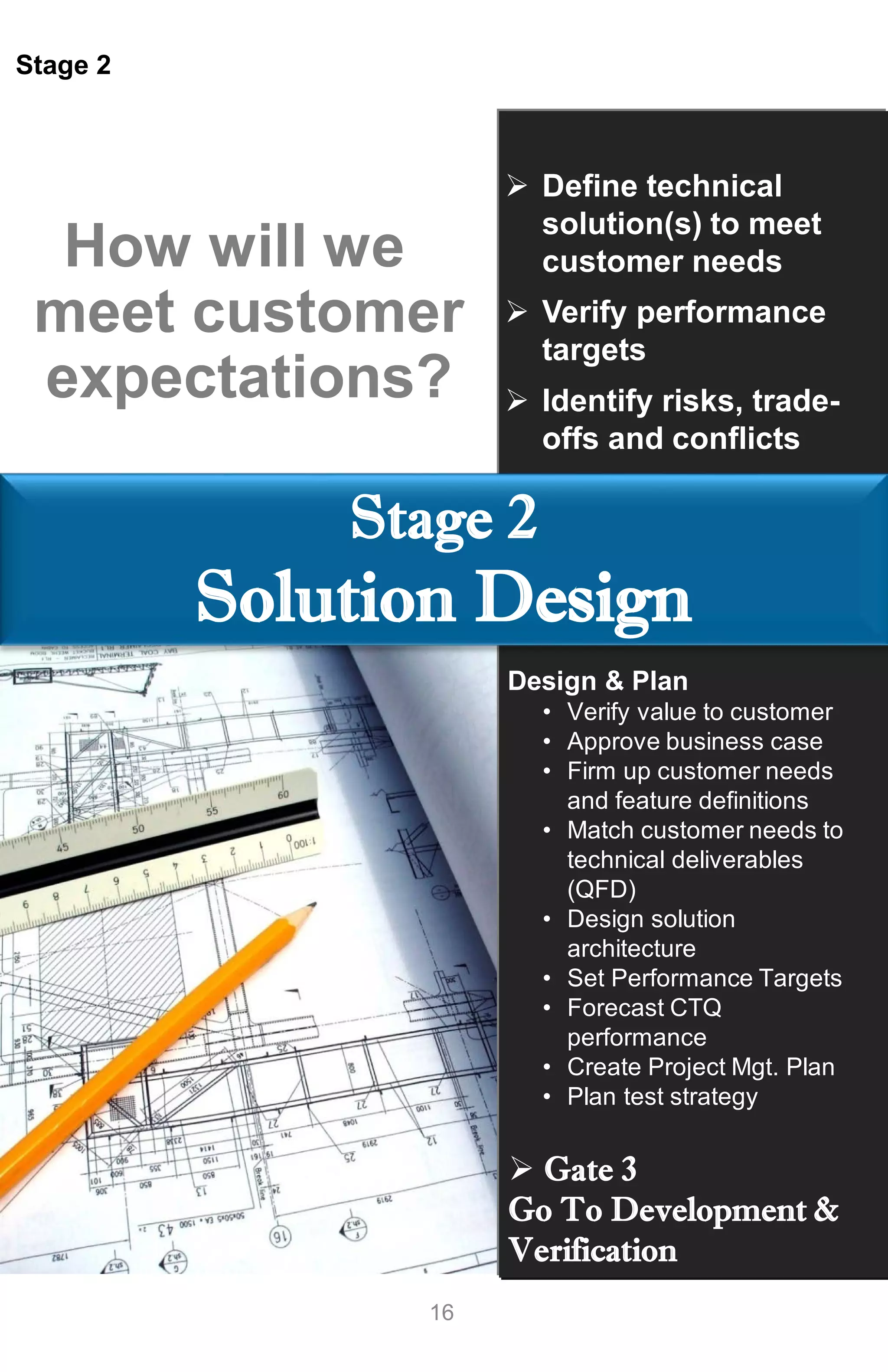 16
Stage 2
Stage 2
Solution Design
 Define technical
solution(s) to meet
customer needs
 Verify performance
targets
 Identify risks, trade-
offs and conflicts
How will we
meet customer
expectations?
Design & Plan
• Verify value to customer
• Approve business case
• Firm up customer needs
and feature definitions
• Match customer needs to
technical deliverables
(QFD)
• Design solution
architecture
• Set Performance Targets
• Forecast CTQ
performance
• Create Project Mgt. Plan
• Plan test strategy
 Gate 3
Go To Development &
Verification
 