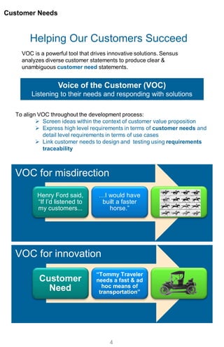 VOC for innovation
VOC for misdirection
Helping Our Customers Succeed
VOC is a powerful tool that drives innovative solutions. Sensus
analyzes diverse customer statements to produce clear &
unambiguous customer need statements.
Customer Needs
4
Customer
Need
“Tommy Traveler
needs a fast & ad
hoc means of
transportation”
Henry Ford said,
“If I’d listened to
my customers...
…I would have
built a faster
horse.”
To align VOC throughout the development process:
 Screen ideas within the context of customer value proposition
 Express high level requirements in terms of customer needs and
detail level requirements in terms of use cases
 Link customer needs to design and testing using requirements
traceability
Voice of the Customer (VOC)
Listening to their needs and responding with solutions
 