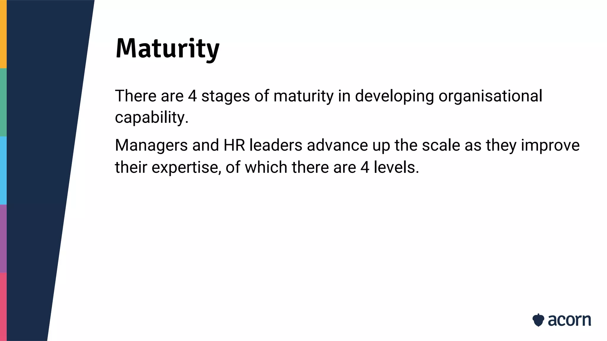 Maturity
There are 4 stages of maturity in developing organisational
capability.
Managers and HR leaders advance up the scale as they improve
their expertise, of which there are 4 levels.
 