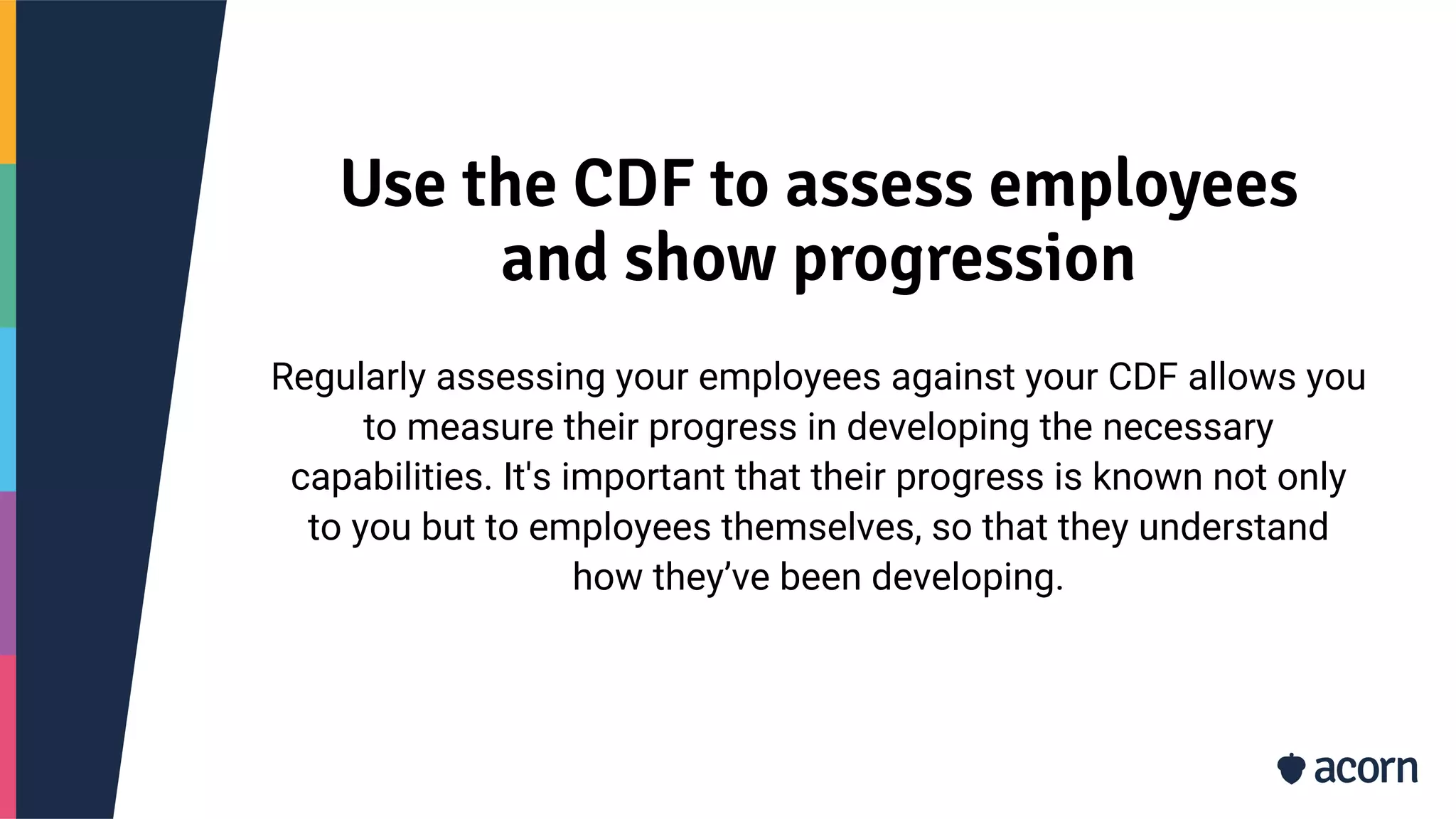 Use the CDF to assess employees
and show progression
Regularly assessing your employees against your CDF allows you
to measure their progress in developing the necessary
capabilities. It's important that their progress is known not only
to you but to employees themselves, so that they understand
how they’ve been developing.
 
