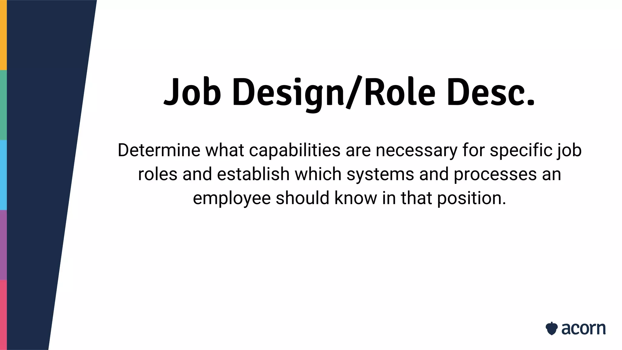 Job Design/Role Desc.
Determine what capabilities are necessary for specific job
roles and establish which systems and processes an
employee should know in that position.
 