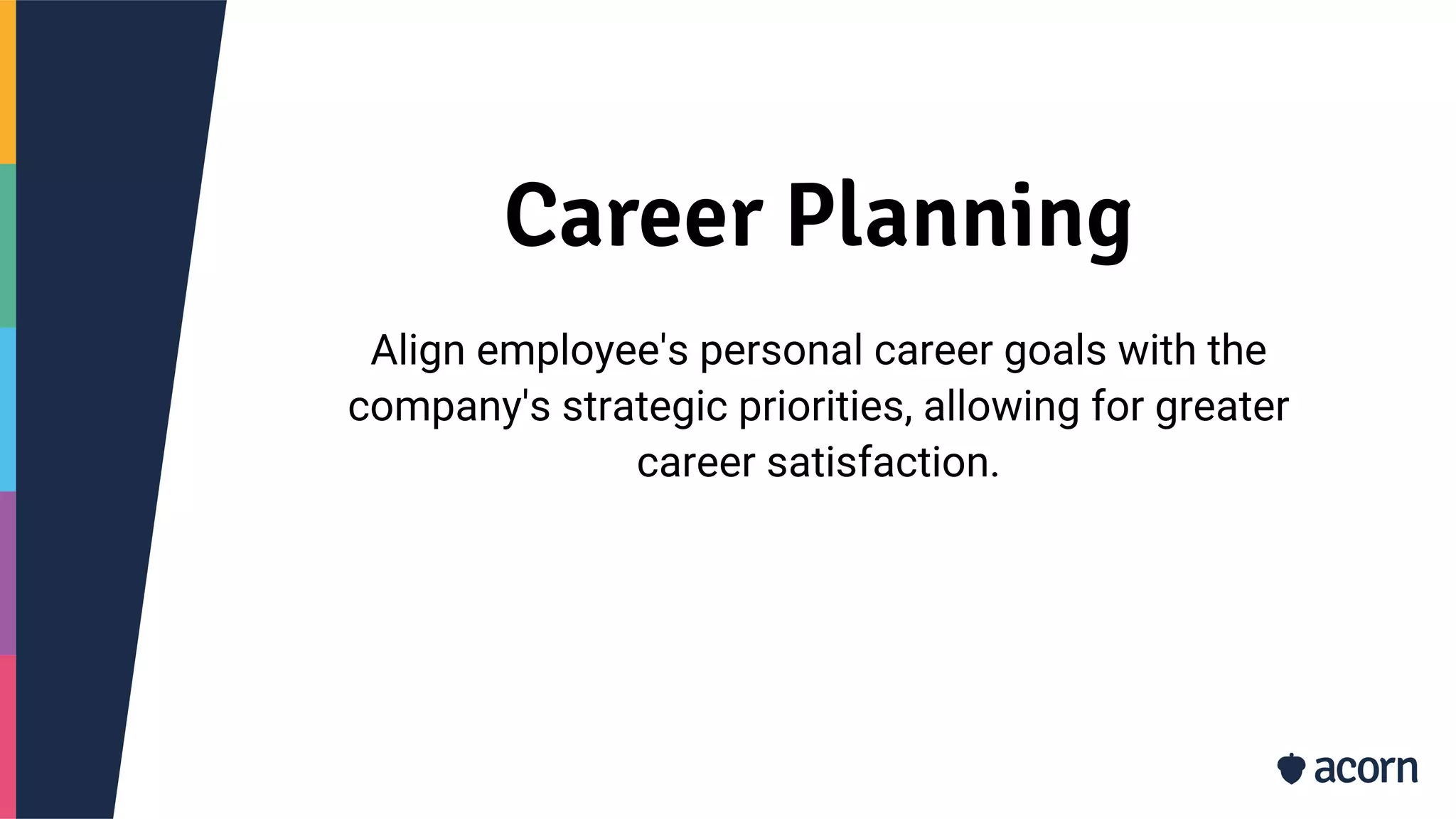 Career Planning
Align employee's personal career goals with the
company's strategic priorities, allowing for greater
career satisfaction.
 