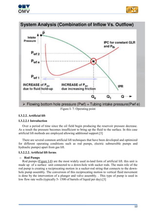 12
Figure I- 7: Operating point
I.3.2.2. Artificial lift
I.3.2.2.1 Introduction
Over a period of time since the oil field begin producing the reservoir pressure decrease.
As a result the pressure becomes insufficient to bring up the fluid to the surface. In this case
artificial lift methods are employed allowing additional support.[3]
There are several common artificial lift techniques that have been developed and optimized
for different operating conditions such as rod pumps, electric submersible pumps and
hydraulic pumps) apart from gas lift.
I.3.2.2.2. Artificial lift forms
o Rod Pumps
Rod pumps (Figure I-8) are the most widely used in-land form of artificial lift. this unit is
made up of a surface unit connected to a down-hole with sucker rods. The main role of the
rod pump is creating a reciprocating motion in a sucker-rod string that connects to the down-
hole pump assembly. The conversion of this reciprocating motion to vertical fluid movement
is done by the intervention of a plunger and valve assembly. . This type of pump is used in
low flow rate wells (typically 5- 1500 of barrels of liquid per day).[3]
 