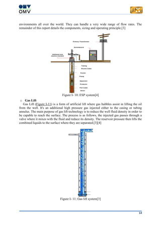 14
environments all over the world. They can handle a very wide range of flow rates. The
remainder of this report details the components, sizing and operating principle.[3]
Figure I- 10: ESP system[4]
o Gas Lift
Gas Lift (Figure I-11) is a form of artificial lift where gas bubbles assist in lifting the oil
from the well. It's an additional high pressure gas injected either to the casing or tubing
annulus. The main purpose of gas lift technology is to reduce the well fluid density in order to
be capable to reach the surface. The process is as follows, the injected gas passes through a
valve where it mixes with the fluid and reduce its density. The reservoir pressure then lifts the
combined liquids to the surface where they are separated.[3][4]
Figure I- 11: Gas lift system[3]
 