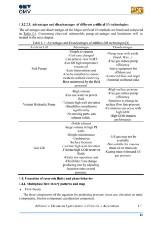 15
I.3.2.2.3. Advantages and disadvantages of different artificial lift technologies:
The advantages and disadvantages of the Major artificial lift methods are listed and compared
in Table I-1. Concerning electrical submersible pump advantages and limitations will be
treated in the next chapter.
Table I- 1: Advantages and Disadvantages of artificial lift technologies[4]
Artificial Lift Advantages Disadvantages
Rod Pumps
-Simple to operate
-Unit easy changed
-Can achieve -low BHFP
-Can lift high temperature
viscous oil
-Low intervention cost
-Can be installed in remote
locations without electricity
-Best understood by the field
personnel
-Pump wear with solids
(Sand, Wax...)
-Free gas reduce pump
efficiency
-heavy equipment for
offshore use
-Restricted flow and depth
-Potential wellhead leaks
Venturi Hydraulic Pump
-High volume
-Can use water as power
fluid
-Tolerate high well deviation
-Simplifies completions
significantly
-No moving parts, can
tolerate solids.
-High surface pressure
-Free gas reduce pump
efficiency
-Sensitive to change in
surface flow line-pressure
-Cavitations can occur with
high GOR
-High GOR impacts
performance
Gas Lift
-Solids tolerant
-large volume in high PI
wells
-Simple maintenance
-Unobtrusive
Surface location
-Tolerate high well deviation
-Tolerate high GOR reservoir
fluids
-Fairly low operation cost
-Flexibility: Can change
producing rate by adjusting
injection rates or/and
pressure.
-Lift gas may not be
available
-Not suitable for viscous
crude oil or emulsion
-Casing must withstand lift
gas pressure
I.4. Properties of reservoir fluids and phase behavior
I.4.1. Multiphase flow theory patterns and map
 Flow theory
The three components of the equation for predicting pressure losses are: elevation or static
components, friction component, acceleration component.
∆𝑃𝑡𝑜𝑡𝑎𝑙 = 𝐸𝑙𝑒𝑣𝑎𝑡𝑖𝑜𝑛 ℎ𝑦𝑑𝑟𝑜𝑠𝑡𝑎𝑡𝑖𝑐 + 𝐹𝑟𝑖𝑐𝑡𝑖𝑜𝑛 + 𝐴𝑐𝑐𝑒𝑟𝑎𝑡𝑖𝑜𝑛 I.7
 