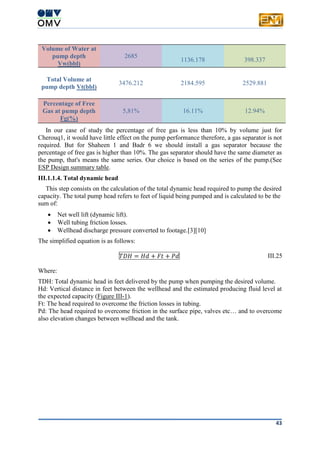 43
Volume of Water at
pump depth
Vw(bbl)
2685
1136.178 398.337
Total Volume at
pump depth Vt(bbl)
3476.212 2184.595 2529.881
Percentage of Free
Gas at pump depth
Fg(%)
5,81% 16.11% 12.94%
In our case of study the percentage of free gas is less than 10% by volume just for
Cherouq1, it would have little effect on the pump performance therefore, a gas separator is not
required. But for Shaheen 1 and Badr 6 we should install a gas separator because the
percentage of free gas is higher than 10%. The gas separator should have the same diameter as
the pump, that's means the same series. Our choice is based on the series of the pump.(See
ESP Design summary table.
III.1.1.4. Total dynamic head
This step consists on the calculation of the total dynamic head required to pump the desired
capacity. The total pump head refers to feet of liquid being pumped and is calculated to be the
sum of:
 Net well lift (dynamic lift).
 Well tubing friction losses.
 Wellhead discharge pressure converted to footage.[3][10]
The simplified equation is as follows:
𝑇𝐷𝐻 = 𝐻𝑑 + 𝐹𝑡 + 𝑃𝑑 III.25
Where:
TDH: Total dynamic head in feet delivered by the pump when pumping the desired volume.
Hd: Vertical distance in feet between the wellhead and the estimated producing fluid level at
the expected capacity (Figure III-1).
Ft: The head required to overcome the friction losses in tubing.
Pd: The head required to overcome friction in the surface pipe, valves etc… and to overcome
also elevation changes between wellhead and the tank.
 
