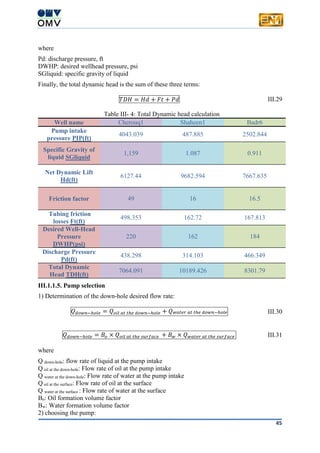 45
where
Pd: discharge pressure, ft
DWHP: desired wellhead pressure, psi
SGliquid: specific gravity of liquid
Finally, the total dynamic head is the sum of these three terms:
𝑇𝐷𝐻 = 𝐻𝑑 + 𝐹𝑡 + 𝑃𝑑 III.29
Table III- 4: Total Dynamic head calculation
Well name Cherouq1 Shaheen1 Badr6
Pump intake
pressure PIP(ft)
4043.039 487.885 2502.844
Specific Gravity of
liquid SGliquid
1,159 1.087 0.911
Net Dynamic Lift
Hd(ft)
6127.44 9682.594 7667.635
Friction factor 49 16 16.5
Tubing friction
losses Ft(ft)
498.353 162.72 167.813
Desired Well-Head
Pressure
DWHP(psi)
220 162 184
Discharge Pressure
Pd(ft)
438.298 314.103 466.349
Total Dynamic
Head TDH(ft)
7064.091 10189.426 8301.79
III.1.1.5. Pump selection
1) Determination of the down-hole desired flow rate:
𝑄 𝑑𝑜𝑤𝑛−ℎ𝑜𝑙𝑒 = 𝑄 𝑜𝑖𝑙 𝑎𝑡 𝑡ℎ𝑒 𝑑𝑜𝑤𝑛−ℎ𝑜𝑙𝑒 + 𝑄 𝑤𝑎𝑡𝑒𝑟 𝑎𝑡 𝑡ℎ𝑒 𝑑𝑜𝑤𝑛−ℎ𝑜𝑙𝑒. III.30
𝑄 𝑑𝑜𝑤𝑛−ℎ𝑜𝑙𝑒 = 𝐵𝑜 × 𝑄 𝑜𝑖𝑙 𝑎𝑡 𝑡ℎ𝑒 𝑠𝑢𝑟𝑓𝑎𝑐𝑒 + 𝐵 𝑤 × 𝑄 𝑤𝑎𝑡𝑒𝑟 𝑎𝑡 𝑡ℎ𝑒 𝑠𝑢𝑟𝑓𝑎𝑐𝑒 III.31
where
Q down-hole: flow rate of liquid at the pump intake
Q oil at the down-hole: Flow rate of oil at the pump intake
Q water at the down-hole: Flow rate of water at the pump intake
Q oil at the surface: Flow rate of oil at the surface
Q water at the surface : Flow rate of water at the surface
Bo: Oil formation volume factor
Bw: Water formation volume factor
2) choosing the pump:
 