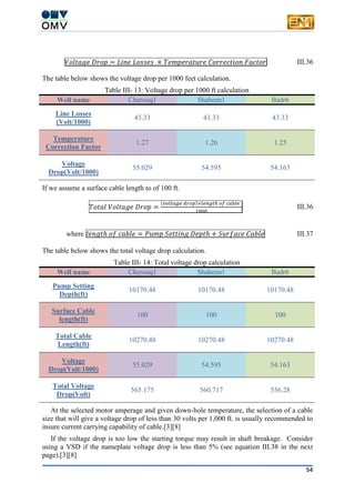 54
𝑉𝑜𝑙𝑡𝑎𝑔𝑒 𝐷𝑟𝑜𝑝 = 𝐿𝑖𝑛𝑒 𝐿𝑜𝑠𝑠𝑒𝑠 × 𝑇𝑒𝑚𝑝𝑒𝑟𝑎𝑡𝑢𝑟𝑒 𝐶𝑜𝑟𝑟𝑒𝑐𝑡𝑖𝑜𝑛 𝐹𝑎𝑐𝑡𝑜𝑟 III.36
The table below shows the voltage drop per 1000 feet calculation.
Table III- 13: Voltage drop per 1000 ft calculation
Well name Cherouq1 Shaheen1 Badr6
Line Losses
(Volt/1000)
43.33 43.33 43.33
Temperature
Correction Factor
1.27 1.26 1.25
Voltage
Drop(Volt/1000)
55.029 54.595 54.163
If we assume a surface cable length to of 100 ft.
𝑇𝑜𝑡𝑎𝑙 𝑉𝑜𝑙𝑡𝑎𝑔𝑒 𝐷𝑟𝑜𝑝 =
(𝑣𝑜𝑙𝑡𝑎𝑔𝑒 𝑑𝑟𝑜𝑝)×𝑙𝑒𝑛𝑔𝑡ℎ 𝑜𝑓 𝑐𝑎𝑏𝑙𝑒
1000
III.36
where 𝑙𝑒𝑛𝑔𝑡ℎ 𝑜𝑓 𝑐𝑎𝑏𝑙𝑒 = 𝑃𝑢𝑚𝑝 𝑆𝑒𝑡𝑡𝑖𝑛𝑔 𝐷𝑒𝑝𝑡ℎ + 𝑆𝑢𝑟𝑓𝑎𝑐𝑒 𝐶𝑎𝑏𝑙𝑒 III.37
The table below shows the total voltage drop calculation.
Table III- 14: Total voltage drop calculation
Well name Cherouq1 Shaheen1 Badr6
Pump Setting
Depth(ft)
10170.48 10170.48 10170.48
Surface Cable
length(ft)
100 100 100
Total Cable
Length(ft)
10270.48 10270.48 10270.48
Voltage
Drop(Volt/1000)
55.029 54.595 54.163
Total Voltage
Drop(Volt)
565.175 560.717 556.28
At the selected motor amperage and given down-hole temperature, the selection of a cable
size that will give a voltage drop of less than 30 volts per 1,000 ft. is usually recommended to
insure current carrying capability of cable.[3][8]
If the voltage drop is too low the starting torque may result in shaft breakage. Consider
using a VSD if the nameplate voltage drop is less than 5% (see equation III.38 in the next
page).[3][8]
 