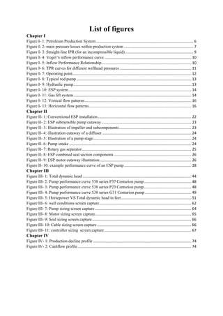 List of figures
Chapter I
Figure I- 1: Petroleum Production System.............................................................................................. 6
Figure I- 2: main pressure losses within production system ................................................................... 7
Figure I- 3: Straight-line IPR (for an incompressible liquid).................................................................. 9
Figure I- 4: Vogel 's inflow performance curve .................................................................................... 10
Figure I- 5: Inflow Performance Relationship....................................................................................... 10
Figure I- 6: TPR curves for different wellhead pressures ..................................................................... 11
Figure I- 7: Operating point................................................................................................................... 12
Figure I- 8: Typical rod pump ............................................................................................................... 13
Figure I- 9: Hydraulic pump.................................................................................................................. 13
Figure I- 10: ESP system....................................................................................................................... 14
Figure I- 11: Gas lift system.................................................................................................................. 14
Figure I- 12: Vertical flow patterns....................................................................................................... 16
Figure I- 13: Horizontal flow patterns................................................................................................... 16
Chapter II
Figure II- 1: Conventional ESP installation .......................................................................................... 22
Figure II- 2: ESP submersible pump cutaway....................................................................................... 23
Figure II- 3: Illustration of impeller and subcomponents...................................................................... 23
Figure II- 4: illustration cutaway of a diffuser ...................................................................................... 24
Figure II- 5: Illustration of a pump stage............................................................................................... 24
Figure II- 6: Pump intake ...................................................................................................................... 24
Figure II- 7: Rotary gas separator.......................................................................................................... 25
Figure II- 8: ESP combined seal section components........................................................................... 26
Figure II- 9: ESP motor cutaway illustration ........................................................................................ 26
Figure II- 10: example performance curve of an ESP pump................................................................. 28
Chapter III
Figure III- 1: Total dynamic head ......................................................................................................... 44
Figure III- 2: Pump performance curve 538 series P37 Centurion pump.............................................. 48
Figure III- 3: Pump performance curve 538 series P23 Centurion pump.............................................. 48
Figure III- 4: Pump performance curve 538 series G31 Centurion pump............................................. 49
Figure III- 5: Horsepower VS Total dynamic head in feet.................................................................... 51
Figure III- 6: well conditions screen capture......................................................................................... 62
Figure III- 7: Pump sizing screen capture ............................................................................................. 64
Figure III- 8: Motor sizing screen capture............................................................................................. 65
Figure III- 9: Seal sizing screen capture................................................................................................ 66
Figure III- 10: Cable sizing screen capture ........................................................................................... 66
Figure III- 11: controller sizing screen capture .................................................................................... 67
Chapter IV
Figure IV- 1: Production decline profile ............................................................................................... 74
Figure IV- 2: Cashflow profile.............................................................................................................. 74
 