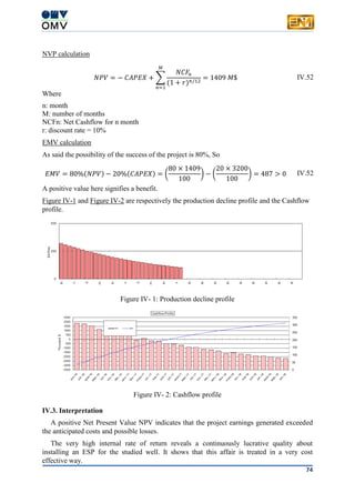 74
NVP calculation
𝑁𝑃𝑉 = − 𝐶𝐴𝑃𝐸𝑋 + ∑
𝑁𝐶𝐹𝑛
(1 + 𝑟) 𝑛/12
𝑀
𝑛=1
= 1409 𝑀$ IV.52
Where
n: month
M: number of months
NCFn: Net Cashflow for n month
r: discount rate = 10%
EMV calculation
As said the possibility of the success of the project is 80%, So
𝐸𝑀𝑉 = 80%(𝑁𝑃𝑉) − 20%(𝐶𝐴𝑃𝐸𝑋) = (
80 × 1409
100
) − (
20 × 3200
100
) = 487 > 0 IV.52
A positive value here signifies a benefit.
Figure IV-1 and Figure IV-2 are respectively the production decline profile and the Cashflow
profile.
Figure IV- 1: Production decline profile
Figure IV- 2: Cashflow profile
IV.3. Interpretation
A positive Net Present Value NPV indicates that the project earnings generated exceeded
the anticipated costs and possible losses.
The very high internal rate of return reveals a continuously lucrative quality about
installing an ESP for the studied well. It shows that this affair is treated in a very cost
effective way.
 