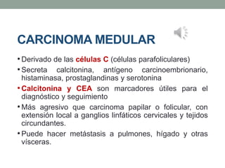 CARCINOMA MEDULAR
•Derivado de las células C (células parafoliculares)
•Secreta calcitonina, antígeno carcinoembrionario,
histaminasa, prostaglandinas y serotonina
•Calcitonina y CEA son marcadores útiles para el
diagnóstico y seguimiento
•Más agresivo que carcinoma papilar o folicular, con
extensión local a ganglios linfáticos cervicales y tejidos
circundantes.
•Puede hacer metástasis a pulmones, hígado y otras
vísceras.
 