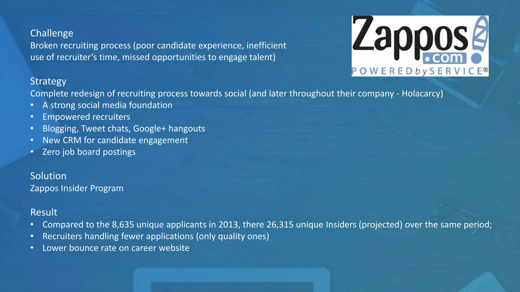 Challenge
Broken recruiting process (poor candidate experience, inefficient
use of recruiter’s time, missed opportunities to engage talent)
Strategy
Complete redesign of recruiting process towards social (and later throughout their company - Holacarcy)
• A strong social media foundation
• Empowered recruiters
• Blogging, Tweet chats, Google+ hangouts
• New CRM for candidate engagement
• Zero job board postings
Solution
Zappos Insider Program
Result
• Compared to the 8,635 unique applicants in 2013, there 26,315 unique Insiders (projected) over the same period;
• Recruiters handling fewer applications (only quality ones)
• Lower bounce rate on career website
 