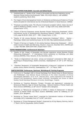 RESEARCH PAPERS PUBLISHED: Journals and Edited Books
 Published book on “ Quality of life: Impact of Personality and Burnout Experience among
Business Process Outsourcing Employees” ISBN: 978-3-659-12816-5 , LAP LAMBERT
academic publishing, March 2016.
 The Impact of Socio-demographical Factors on Emotional and Behavioural Problems of Young
Adults (Accepted for International Journal of Advanced Research in Social Sciences- IJARSS)
 “Employee counselling needs: The influence of personal correlates” (2013). Indian Journal of
Health & Wellbeing (IJHAW), Volume - 4 , Issue – 8, Page 1529-1532, ISSN-2229-5356
(Impact Factor- 0.47)
 “Impact of Burnout Experience among Business Process Outsourcing Employees” (2013).
International Journal of Multidisciplinary Educational Research (IJMER), Volume: 2, Issue:
12(2), page No 80-89. ISSN: 2277 – 7881. (Impact Factor- 2.735)
 “Quality of Life among Business Process Outsourcing Employees” (2011). Positive -
Psychology. Global vision publishing house, Pp-313-320, http://globalvisionpub.com/Book
 “Impact of Burnout on Quality of Life among Business Outsourcing Employees”. (2011).
Indian Journal of Health and Well being, Volume 2, Issue (4), December-2011, IOCPAS part
1, page- 683-686. ISSN-2229-5356. (Impact Factor- 0.47)
PAPER PRESENTAIONS: Conferences & Seminars
 “Quality of Life: Impact of Personality and Burnout experience among Business Process
Outsourcing Employees”. 1st
International Online conference on Psychology and Allied
sciences (IOCPAS), Hisar, Haryana. 25-26, November, 2012.
 “Study on Organizational role stress among civil employee” conducted by IAAP, Dept. of
Psychology & Parapsychology, Andhra University, Visakhapatnam on 18th
to 20th
February,
2010.
 “Gandhian Perspective of Sustainable Management of Resource” conducted by Gandhian
studies centre, Andhra University, Visakhapatnam. 30th
– 31st
March, 2009.
PARTICIPATION: Conferences, Seminars, Workshops & Training Programs
 Conference on “Paradigm shift in Clinical Psychology from Mental illness to Mental Wellness
and Mindfulness”. 41st National Annual Conference of the Indian Association of Clinical
Psychologists (NACIACP) on 6th
to 8th
February,2015, jointly organized by the Institute of
Research and Development, Raksha Shakti University, Ahmadabad and School of Liberal
Studies, Pandit Deendayal Petroleum University, Gandhinagar, Gujarat.
 Workshop on “Cognitive Behaviour Therapy: Principles and Applications” conducted by
Behavioural Medicine, Dept of Clinical Psychology, National Institute of Mental Health and
Neuro Science (NIMHANS), on 30th
and 31st
October 2014, Bangalore.
 Workshop on “Behavioural management of ADHD in children & Adolescents” in National
Institute of Mental Health and Neuro Science (NIMHANS) centre for wellbeing on 21st
October, 2014. Bangalore.
 Workshop on “Human values Shivir”, organized by International Institute of Information
technology (IIIT), Hyderabad, from 21th
to 28th
, June 2014.
 Workshop on “Critical Management Studies”, Organized by of Cluji-Nepoca, Rominia, held on
1st
March, 2014 at Vijayawada, Andhra Pradesh.
 