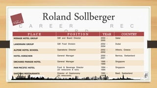 Roland Sollberger
C A R E E R R E C
O R DP L A C E P O S I T I O N YEAR COUNTRY
MIRAGE HOTEL GROUP GM and Board Director 2004 -
2005
Qatar
LANDMARK GROUP GM Food Division 2002 -
2004
Dubai
ALPINE HOTEL SCHOOL Operations Director 2002 -
2002
Athens, Greece
HOTEL HIRSCHEN General Manager 2000 -
2001
Bernice, Switzerland
ORCHARD PARADE HOTEL General Manager 1996 -
1999
Singapore
PAN PACIFIC HOTEL Food & Beverage Director
(20 restaurants & bars)
1994 -
1995
Singapore
GASTRAG RESTAURANTS Director of Gastronomy
(50 restaurants)
1990 -
1993
Basil, Switzerland
 