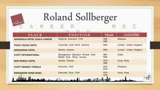 Roland Sollberger
C A R E E R R E C
O R DP L A C E P O S I T I O N YEAR COUNTRY
SHANGRILA HOTEL KUALA LUMPUR Regional Executive Chef 1986 -
1989
Malaysia
TRUST HOUSE FORTE Corporate Chef North America 1985 London, United Kingdom
GROSVENOR HOTEL Kitchen Director 1985 London, United Kingdom
HYATT INTERNATIONAL Management Operation Review Chef
Middle East, Africa, Europe
1981 -
1984
Dubai
NEW WORLD HOTEL Kitchen Director 1979 -
1980
Hong Kong
HYATT REGENCY MANILA Executive Chef 1976 -
1978
Philippine
MANDARINE HONG KONG Executive Sous Chef 1974 -
1975
Hong Kong
 