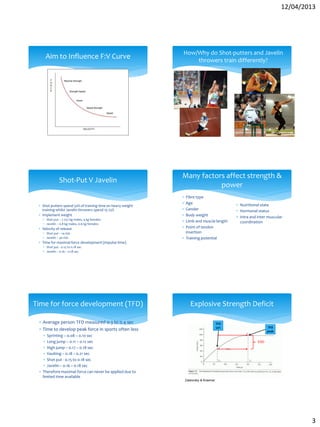 12/04/2013
3
Aim to Influence F:V Curve
How/Why do Shot-putters and Javelin
throwers train differently?
Shot-Put V Javelin
 Shot putters spend 50% of training time on heavy weight
training whilst Javelin throwers spend 15-25%
 Implement weight
 Shot put – 7.257 kg males, 4 kg females
 Javelin – 0.8 kg males, 0.6 kg females
 Velocity of release
 Shot put – 14 m/s
 Javelin – 30 m/s
 Time for maximal force development (impulse time)
 Shot put - 0.15 to 0.18 sec
 Javelin – 0.16 – 0.18 sec
Many factors affect strength &
power
 Fibre type
 Age
 Gender
 Body weight
 Limb and muscle length
 Point of tendon
insertion
 Training potential
 Nutritional state
 Hormonal status
 Intra and inter muscular
coordination
Time for force development (TFD)
 Average person TFD measured 0.3 to 0.4 sec
 Time to develop peak force in sports often less
 Sprinting – 0.08 – 0.10 sec
 Long jump – 0.11 – 0.12 sec
 High jump – 0.17 – 0.18 sec
 Vaulting – 0.18 – 0.21 sec
 Shot put - 0.15 to 0.18 sec
 Javelin – 0.16 – 0.18 sec
 Therefore maximal force can never be applied due to
limited time available
Explosive Strength Deficit
Zatsiorsky & Kraemer
ESD
TFD
peak
TFD
50%
 