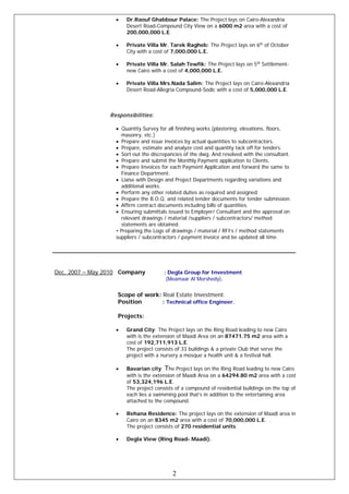 • Dr.Raouf Ghabbour Palace: The Project lays on Cairo-Alexandria
Desert Road-Compound City View on a 6000 m2 area with a cost of
200,000,000 L.E.
• Private Villa Mr. Tarek Ragheb: The Project lays on 6th
of October
City with a cost of 7,000,000 L.E.
• Private Villa Mr. Salah Tewfik: The Project lays on 5th
Settlement-
new Cairo with a cost of 4,000,000 L.E.
• Private Villa Mrs.Nada Salim: The Project lays on Cairo-Alexandria
Desert Road-Allegria Compound-Sodic with a cost of 5,000,000 L.E.
Responsibilities:
• Quantity Survey for all finishing works (plastering, elevations, floors,
masonry, etc.)
• Prepare and issue invoices by actual quantities to subcontractors.
• Prepare, estimate and analyze cost and quantity tack off for tenders.
• Sort out the discrepancies of the dwg. And resolved with the consultant.
• Prepare and submit the Monthly Payment application to Clients.
• Prepare Invoices for each Payment Application and forward the same to
Finance Department.
• Liaise with Design and Project Departments regarding variations and
additional works.
• Perform any other related duties as required and assigned.
• Prepare the B.O.Q. and related tender documents for tender submission.
• Affirm contract documents including bills of quantities.
• Ensuring submittals issued to Employer/ Consultant and the approval on
relevant drawings / material /suppliers / subcontractors/ method
statements are obtained.
• Preparing the Logs of drawings / material / RFI’s / method statements
suppliers / subcontractors / payment invoice and be updated all time.
‫ــــــــــــــــــــــــــــــ‬‫ـــــــــــــــــــــــــــــــــــــــــــــــــــــــــــــــــــــــــــــــــــــــــــــــــــــــــــــــــــــــــــــ‬‫ـــــــ‬
Dec. 2007 – May 2010 Company : Degla Group for Investment
(Meamaar Al Morshedy).
Scope of work: Real Estate Investment.
Position : Technical office Engineer.
Projects:
• Grand City: The Project lays on the Ring Road leading to new Cairo
with is the extension of Maadi Area on an 87471.75 m2 area with a
cost of 192,711,913 L.E.
The project consists of 33 buildings & a private Club that serve the
project with a nursery a mosque a health unit & a festival hall.
• Bavarian city: The Project lays on the Ring Road leading to new Cairo
with is the extension of Maadi Area on a 64294.80 m2 area with a cost
of 53,324,196 L.E.
The project consists of a compound of residential buildings on the top of
each lies a swimming pool that’s in addition to the entertaining area
attached to the compound.
• Rehana Residence: The project lays on the extension of Maadi area in
Cairo on an 8345 m2 area with a cost of 70,000,000 L.E. .
The project consists of 270 residential units.
• Degla View (Ring Road- Maadi).
2
 