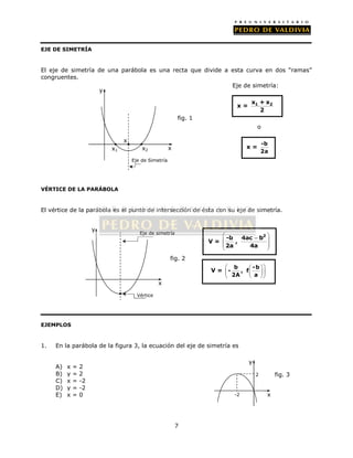 7 
EJE DE SIMETRÍA 
El eje de simetría de una parábola es una recta que divide a esta curva en dos “ramas” 
congruentes. 
VÉRTICE DE LA PARÁBOLA 
Eje de simetría: 
o 
El vértice de la parábola es el punto de intersección de ésta con su eje de simetría. 
EJEMPLOS 
1. En la parábola de la figura 3, la ecuación del eje de simetría es 
A) x = 2 
B) y = 2 
C) x = -2 
D) y = -2 
E) x = 0 
x = x1 + x2 
2 
x = -b 
2a 
V = 
  -b 4ac  
b2 
 
, 
 
  2a 4a 
 
 
x1 x2 x 
y 
Eje de Simetría 
x 
fig. 1 
Vértice 
x 
y 
Eje de simetría 
fig. 2 
x 
y 
fig. 3 
-2 
2 
V = 
 b - b 
 
 - , f 
  2A    a 
  
  
 