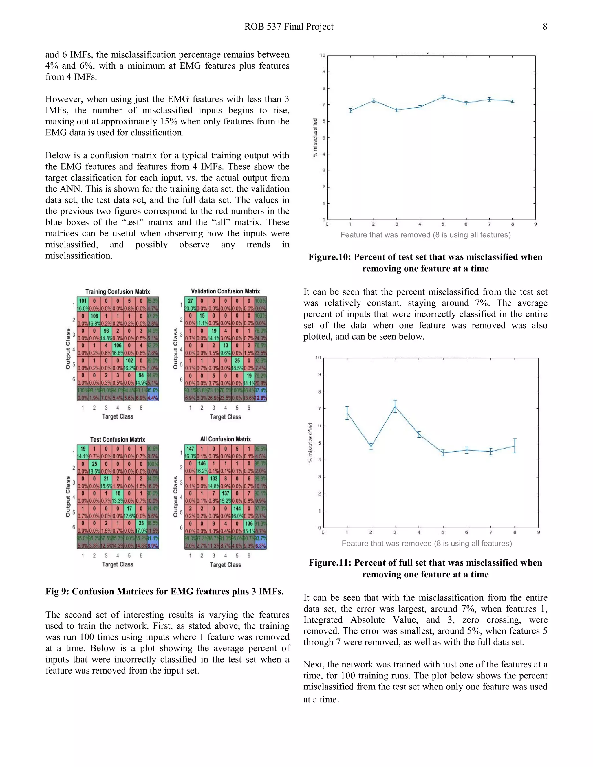ROB 537 Final Project 8
and 6 IMFs, the misclassification percentage remains between
4% and 6%, with a minimum at EMG features plus features
from 4 IMFs.
However, when using just the EMG features with less than 3
IMFs, the number of misclassified inputs begins to rise,
maxing out at approximately 15% when only features from the
EMG data is used for classification.
Below is a confusion matrix for a typical training output with
the EMG features and features from 4 IMFs. These show the
target classification for each input, vs. the actual output from
the ANN. This is shown for the training data set, the validation
data set, the test data set, and the full data set. The values in
the previous two figures correspond to the red numbers in the
blue boxes of the “test” matrix and the “all” matrix. These
matrices can be useful when observing how the inputs were
misclassified, and possibly observe any trends in
misclassification.
Fig 9: Confusion Matrices for EMG features plus 3 IMFs.
The second set of interesting results is varying the features
used to train the network. First, as stated above, the training
was run 100 times using inputs where 1 feature was removed
at a time. Below is a plot showing the average percent of
inputs that were incorrectly classified in the test set when a
feature was removed from the input set.
Feature that was removed (8 is using all features)
Figure.10: Percent of test set that was misclassified when
removing one feature at a time
It can be seen that the percent misclassified from the test set
was relatively constant, staying around 7%. The average
percent of inputs that were incorrectly classified in the entire
set of the data when one feature was removed was also
plotted, and can be seen below.
Feature that was removed (8 is using all features)
Figure.11: Percent of full set that was misclassified when
removing one feature at a time
It can be seen that with the misclassification from the entire
data set, the error was largest, around 7%, when features 1,
Integrated Absolute Value, and 3, zero crossing, were
removed. The error was smallest, around 5%, when features 5
through 7 were removed, as well as with the full data set.
Next, the network was trained with just one of the features at a
time, for 100 training runs. The plot below shows the percent
misclassified from the test set when only one feature was used
at a time.
 