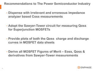 | © 2016 Enphase Energy, Inc. | CONFIDENTIAL10
• Dispense with irrelevant and erroneous impedance
analyzer based Coss measurements
• Adopt the Sawyer-Tower circuit for measuring Qoss
for Superjunction MOSFETs
• Provide plots of both the Qoss charge and discharge
curves in MOSFET data sheets
• Derive all MOSFET Figures of Merit – Eoss, Qoss &
derivatives from Sawyer-Tower measurements
Recommendations to The Power Semiconductor Industry
 