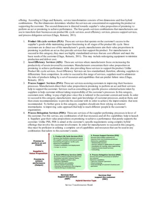 offering. According to Ulaga and Reinartz, service transformation consists of two dimensions and four hybrid 
combinations. The first dimension determines whether the services are concentrated on supporting the product or 
supporting the customer. The second dimension is directed towards supplier’s value proposition of promising t o 
perform an act or promising to achieve performance. The four goods -services combinations that manufacturers can 
use to transform their businesses are product life cycle services, asset efficiency services, process support services, 
and process delegation services (Ulaga, Reinartz, 2011). 
1. Product life cycle services (PLS): These are services that operate on the customer’s access to the 
supplier’s goods while maintaining proper functioning in all stages of the product life cycle. Since 
customers are in direct use of the manufacturer’s goods, manufacturers aim their value pro positions in 
promising to perform an act as they provide services that support the product. For manufacturers to 
succeed in this category, they must use highly standardized services that are cost efficient and meet the 
basic needs of the customer (Ulaga, Reinartz, 2011). This may include redesigning equipment to minimize 
production and deliver cost. 
2. Asset Efficiency Services (AES): These are services where manufacturers focus on increasing the 
productivity of assets invested by customers. Manufacturers concentrate their value proposition on 
promising to achieve performance while also providing these services to support the product. Unlike 
Product life cycle services, Asset Efficiency Services are less standardized, therefore, allowing suppliers to 
differentiate from competition. In order to succeed in this range of services, suppliers need to administer 
the risks of products failing by a set of resources and capabilities that can predict failure rates (Ulaga, 
Reinartz, 2011). 
3. Process Support Services (PSS): These are services assisting customers in improving their business 
processes. Manufacturers direct their value proposition in promising to perform an act and their services 
help to support the customer. Services such as consulting are specific process -oriented actions taken by 
suppliers to help customer without taking responsibility of the customer’s processes. In this category, 
customers were willing to pay a high price since this is tailored to the customer context and needs. In order 
to succeed in this category, manufacturers must gain knowledge of customer processes, analyze them, and 
then create recommendations to provide the customer with in order to achieve the improvements that were 
recommended. To further grow in this category, suppliers should aim from relying on channel 
intermediaries to improving sales approach that help to reach different people in the customer’s 
organization. 
4. Process Delegation Services (PDS): These are services of the supplier performing processes in favor of 
the customer. For this service, any combination of all four resources and all five capabilities help to launch 
it. Suppliers gear their value propositions on promising to achieve a performance that purely supports the 
customer. Unlike PSS, PDS is aimed at the customer’s specific requirements using complex hybrid 
offerings that involve the customer involvement. In order for manufacturers to succeed in this category, 
they must be proficient in utilizing a complete set of capabilities and resources that can be used in any 
combination that tailors to the customer’s needs. 
Service Transformat ion Model 
 