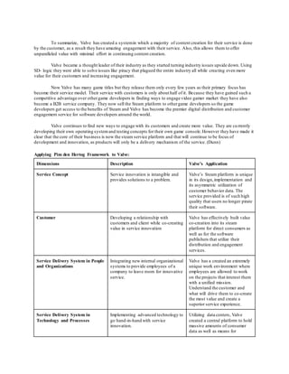 To summarize, Valve has created a system in which a majority of content creation for their service is done 
by the customer, as a result they have amazing engagement with their service. Also, this allows them to offer 
unparalleled value with minimal effort in continuing content creation. 
Valve became a thought leader of their industry as they started turning industry issues upside down. Using 
SD- logic they were able to solve issues like piracy that plagued the entire industry all while crea ting even more 
value for their customers and increasing engagement. 
Now Valve has many game titles but they release them only every few years as their primary focus has 
become their service model. Their service with customers is only about half of it. Because they have gained such a 
competitive advantage over other game developers in finding ways to engage video gamer market they have also 
become a B2B service company. They now sell the Steam platform to other game developers so the game 
developers get access to the benefits of Steam and Valve has become the premier digital distribution and customer 
engagement service for software developers around the world. 
Valve continues to find new ways to engage with its customers and create more value. They are cu rrently 
developing their own operating system and testing concepts for their own game console. However they have made it 
clear that the core of their business is now the steam service platform and that will continue to be focus of 
development and innovation, as products will only be a delivery mechanism of the service. (Dunn) 
Applying Pim den Hertog Framework to Valve: 
Dimensions Description Valve’s Application 
Service Concept Service innovation is intangible and 
provides solutions to a problem. 
Valve’s Steam platform is unique 
in its design, implementation and 
its asymmetric utilization of 
customer behavior data. The 
service provided is of such high 
quality that users no longer pirate 
their software. 
Customer Developing a relationship with 
customers and client while co-creating 
value in service innovation 
Valve has effectively built value 
co-creation into its steam 
platform for direct consumers as 
well as for the software 
publishers that utilize their 
distribution and engagement 
services. 
Service Delivery System in People 
and Organizations 
Integrating new internal organizational 
systems to provide employees of a 
company to leave room for innovative 
service. 
Valve has a created an extremely 
unique work environment where 
employees are allowed to work 
on the projects that interest them 
with a unified mission. 
Understand the customer and 
what will drive them to co-create 
the most value and create a 
superior service experience. 
Service Delivery System in 
Technology and Processes 
Implementing advanced technology to 
go hand-in-hand with service 
innovation. 
Utilizing data centers, Valve 
created a central platform to hold 
massive amounts of consumer 
data as well as means for 
 